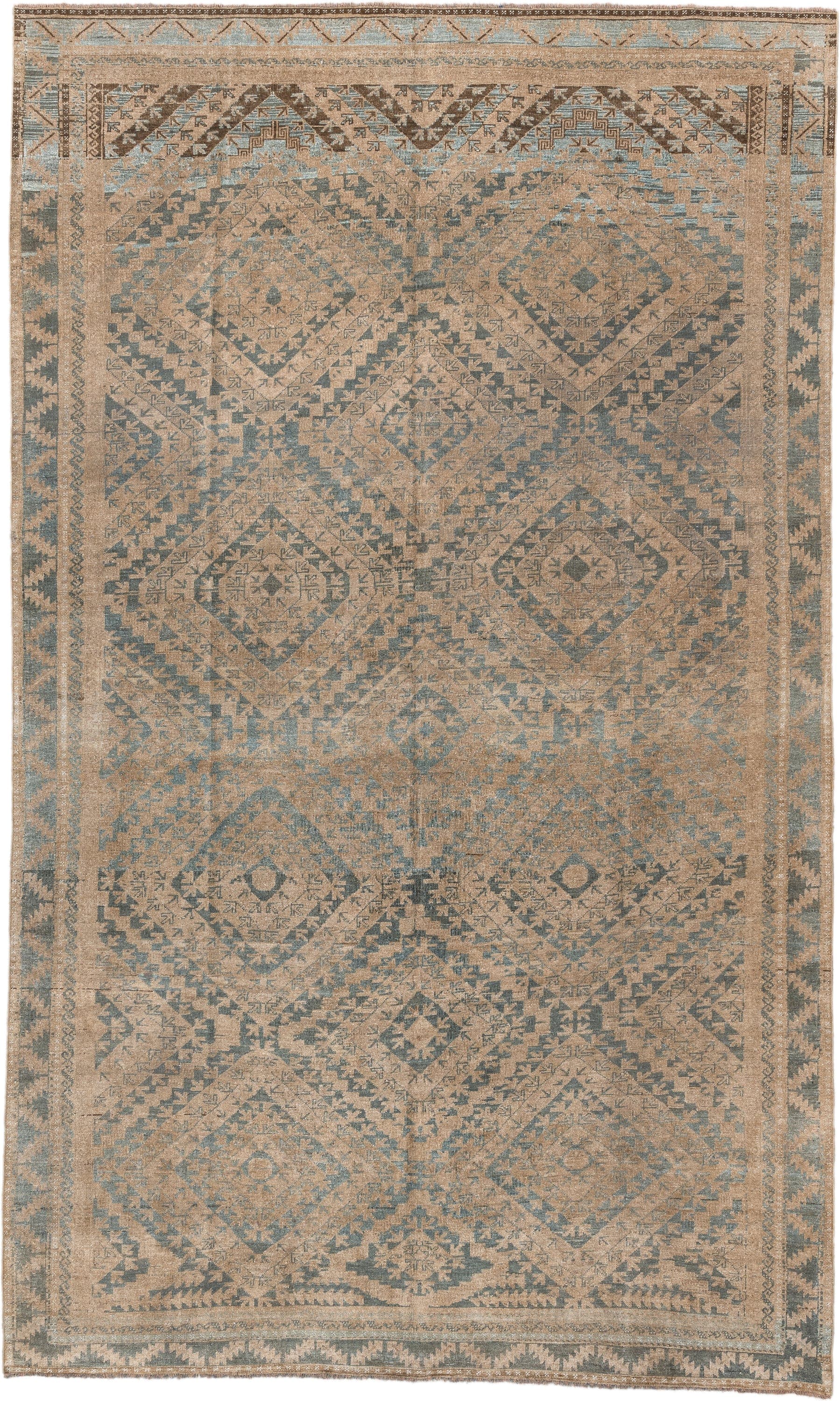 6' x 9' one-of-a-kind handmade antique Belouch large size rug. Color palette: camel, taupe, slate, pale blue, beige, brown
