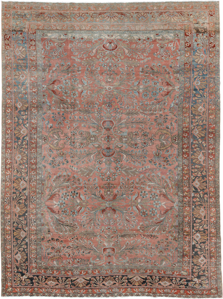 9' x 12' one-of-a-kind handmade antique Lilian large size rug. Color palette: rose, indigo, ivory, terra cotta, sage, taupe