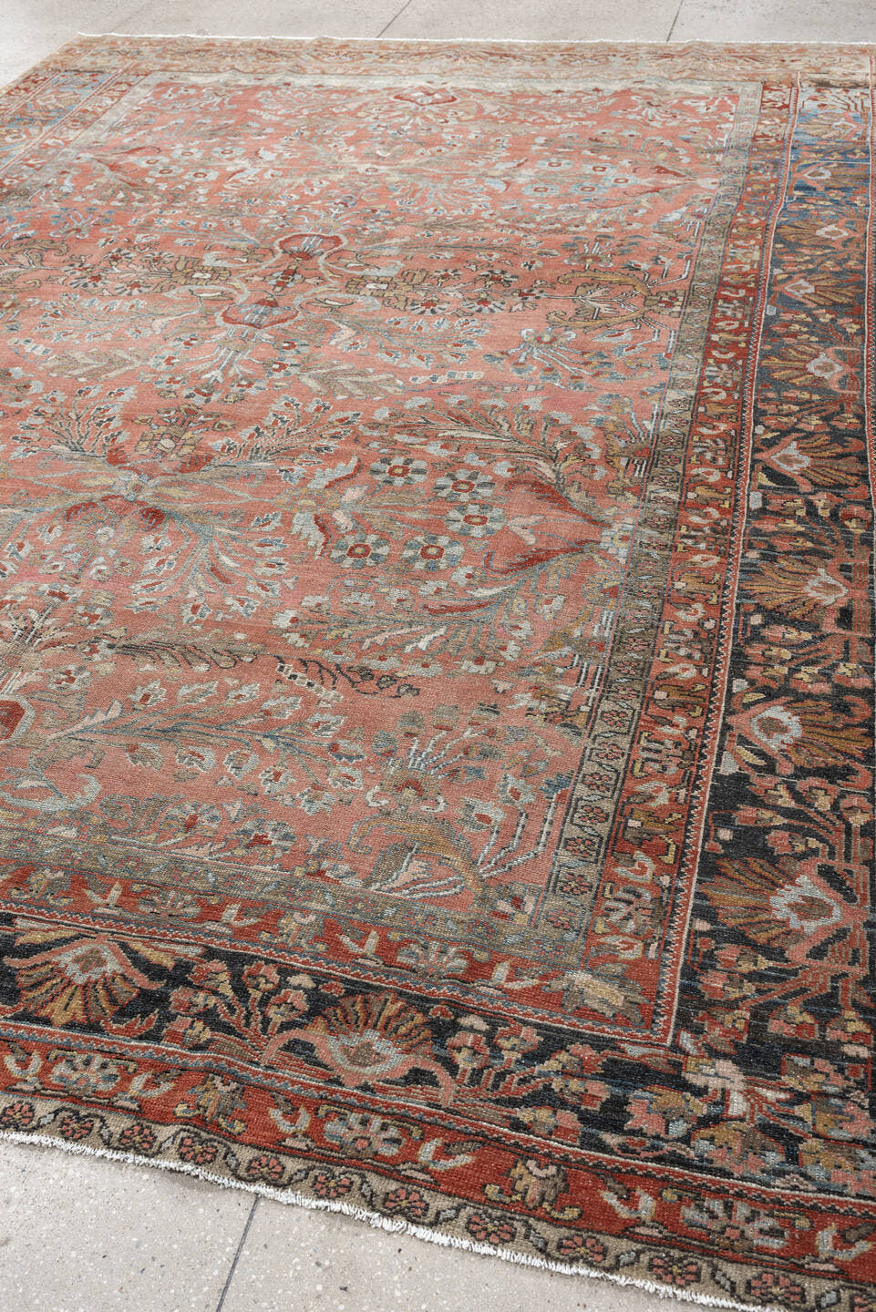 9' x 12' one-of-a-kind handmade antique Lilian large size rug. Color palette: rose, indigo, ivory, terra cotta, sage, taupe
