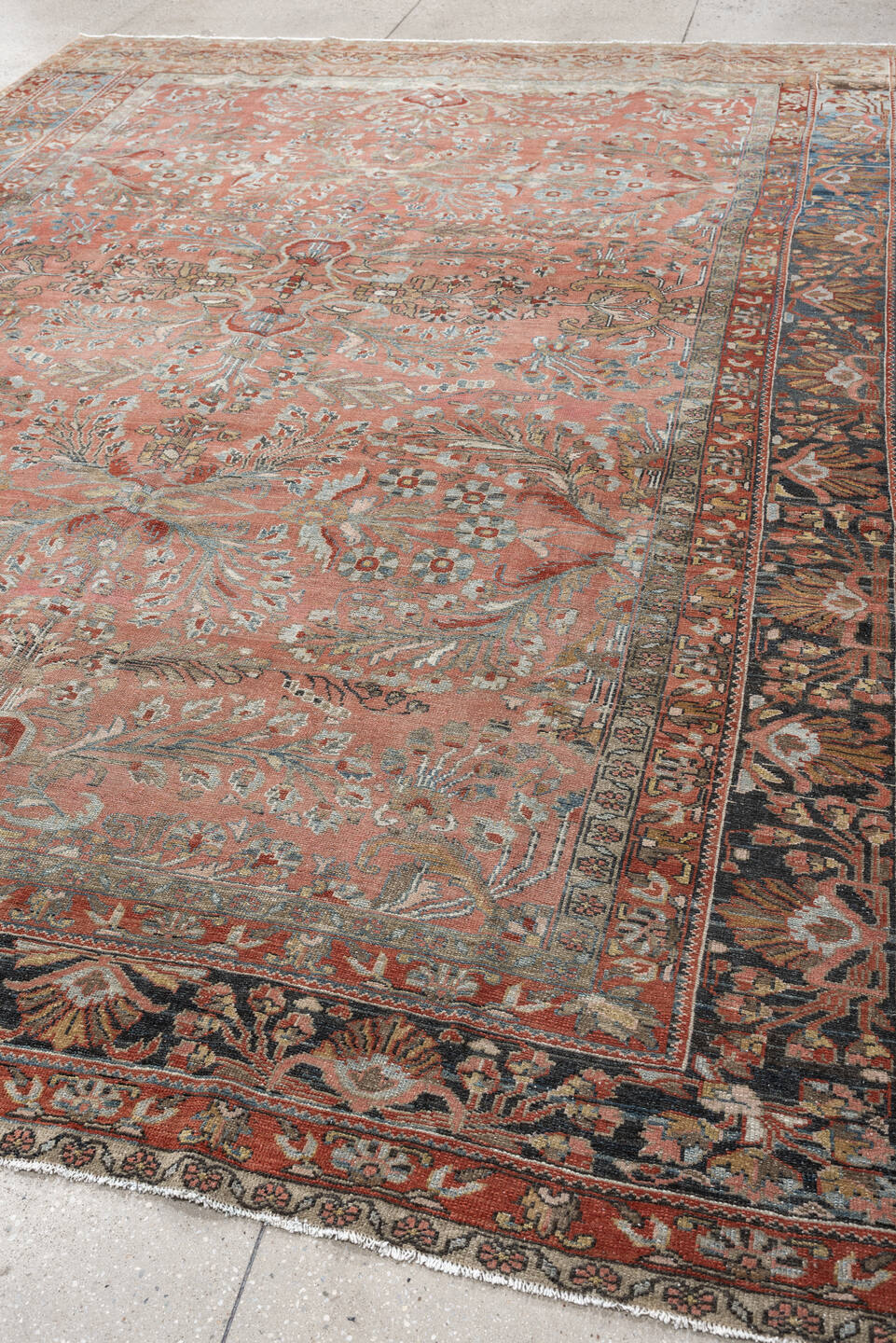 9' x 12' one-of-a-kind handmade antique Lilian large size rug. Color palette: rose, indigo, ivory, terra cotta, sage, taupe