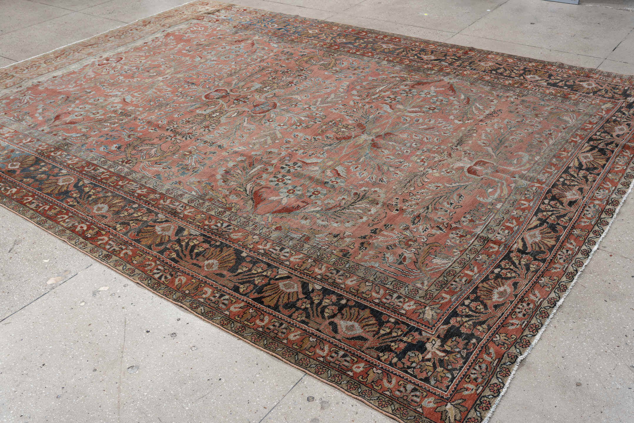 9' x 12' one-of-a-kind handmade antique Lilian large size rug. Color palette: rose, indigo, ivory, terra cotta, sage, taupe
