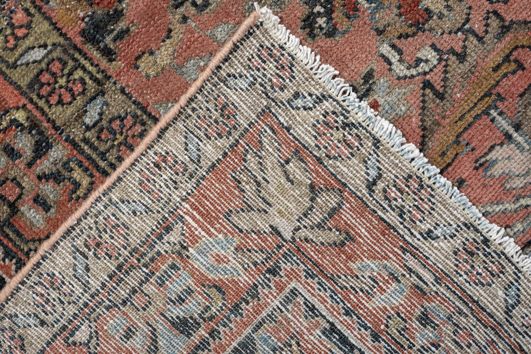 9' x 12' one-of-a-kind handmade antique Lilian large size rug. Color palette: rose, indigo, ivory, terra cotta, sage, taupe