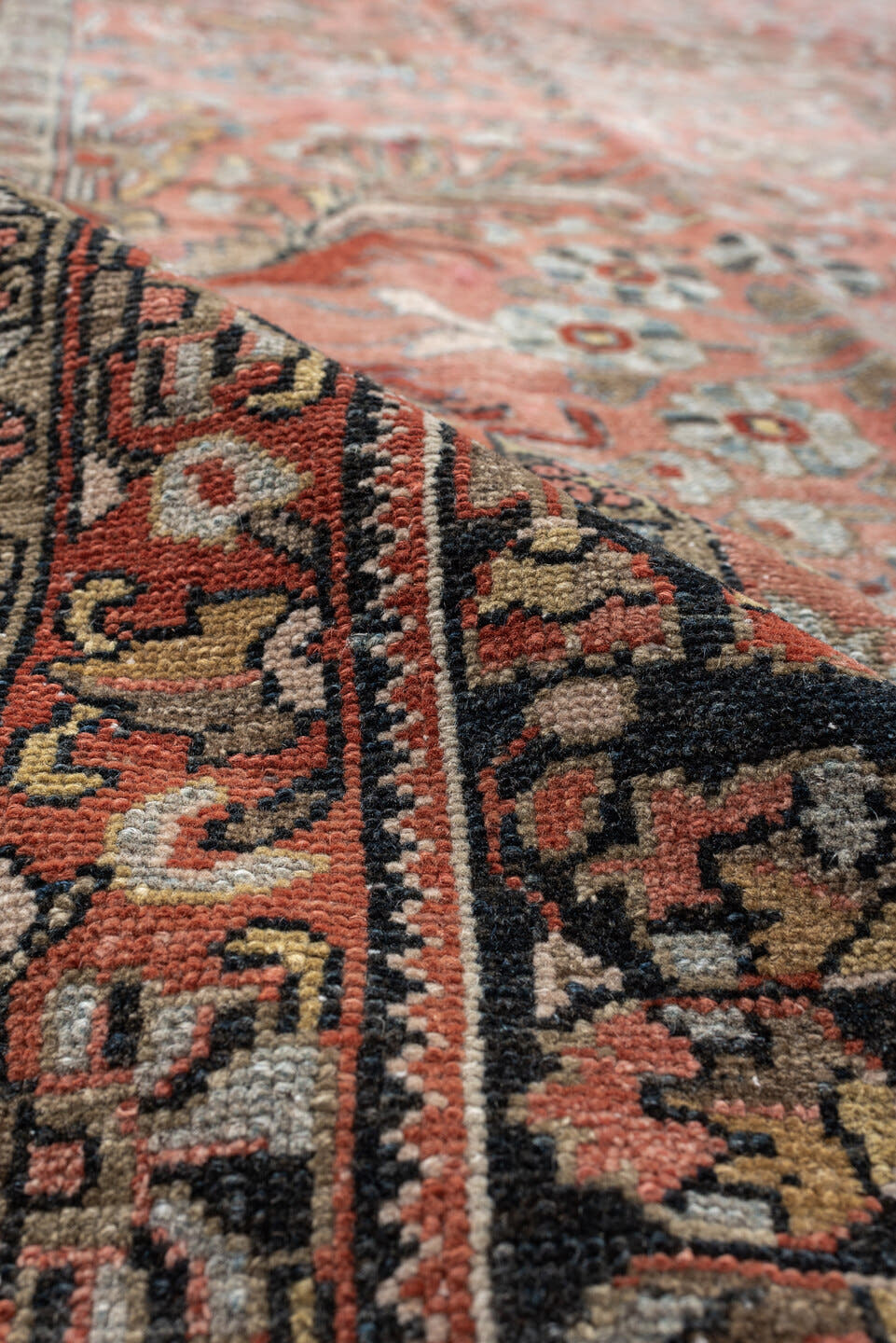 9' x 12' one-of-a-kind handmade antique Lilian large size rug. Color palette: rose, indigo, ivory, terra cotta, sage, taupe