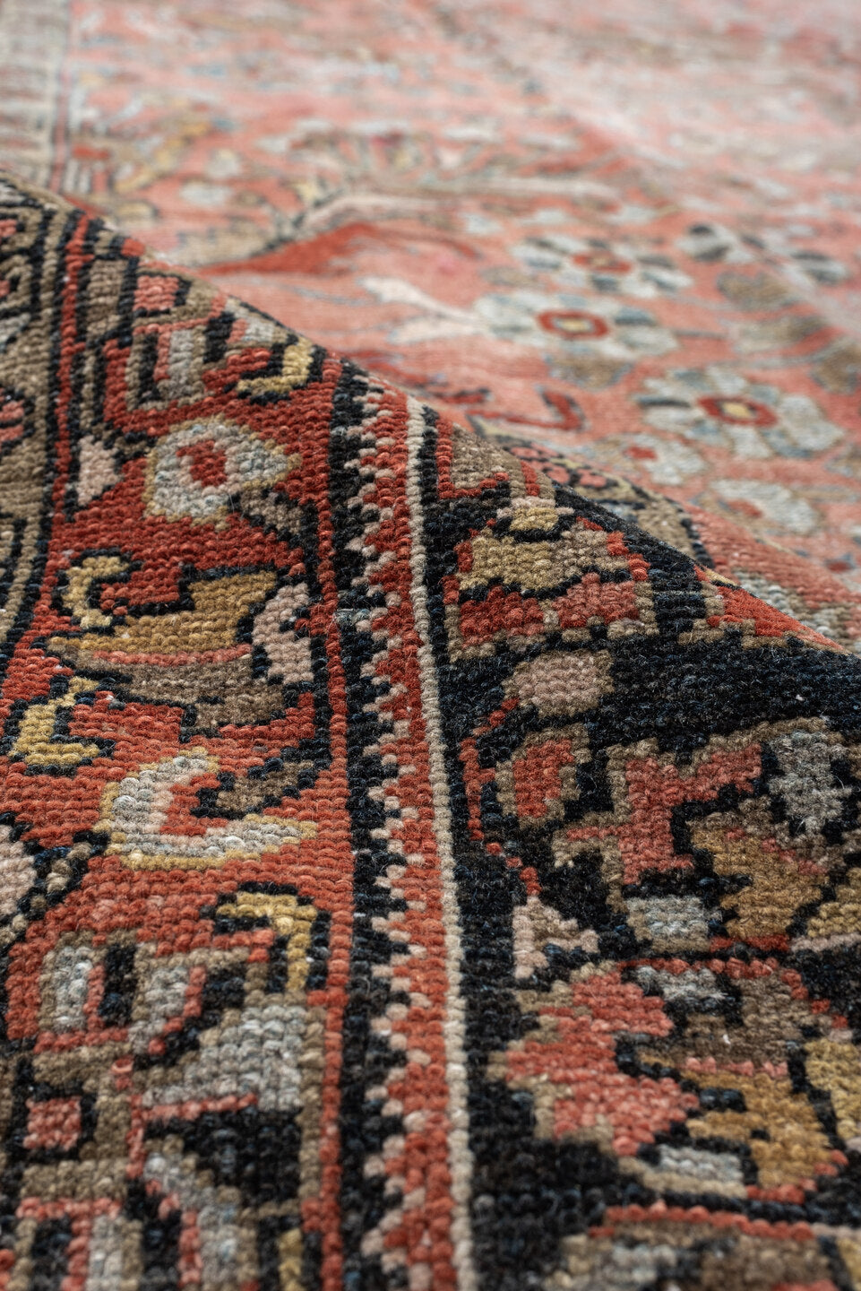 9' x 12' one-of-a-kind handmade antique Lilian large size rug. Color palette: rose, indigo, ivory, terra cotta, sage, taupe