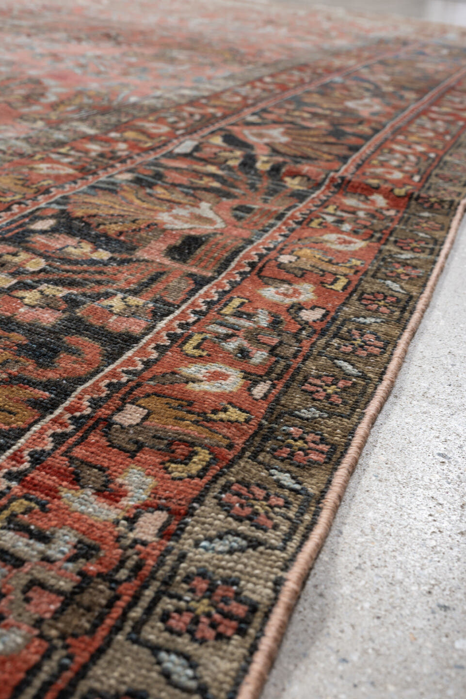 9' x 12' one-of-a-kind handmade antique Lilian large size rug. Color palette: rose, indigo, ivory, terra cotta, sage, taupe