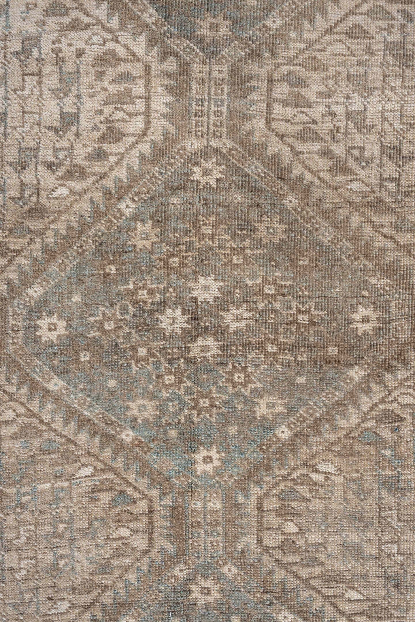 6' x 9' one-of-a-kind handmade antique Shiraz rug. Color palette: taupe, ivory, pale blue, beige, sand, camel, gray
