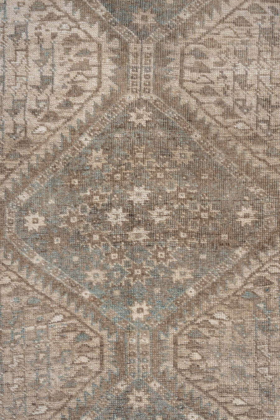 6' x 9' one-of-a-kind handmade antique Shiraz rug. Color palette: taupe, ivory, pale blue, beige, sand, camel, gray