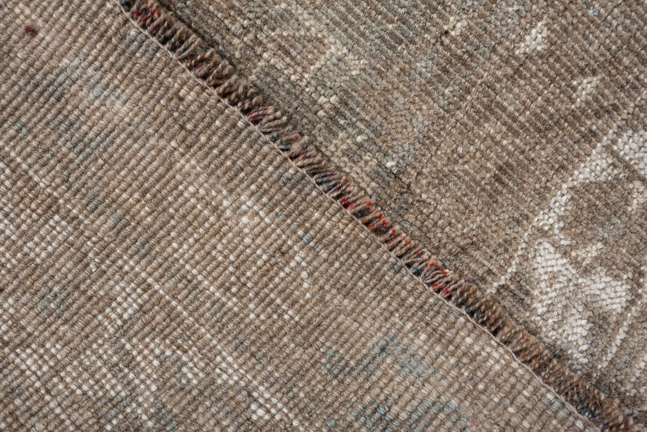 6' x 9' one-of-a-kind handmade antique Shiraz rug. Color palette: taupe, ivory, pale blue, beige, sand, camel, gray
