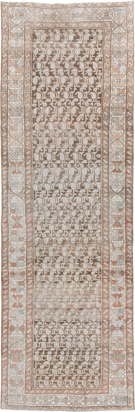 4' x 12' one-of-a-kind handmade antique Hamadan runner rug. Color palette: taupe, ivory, camel, terra cotta, beige, sage