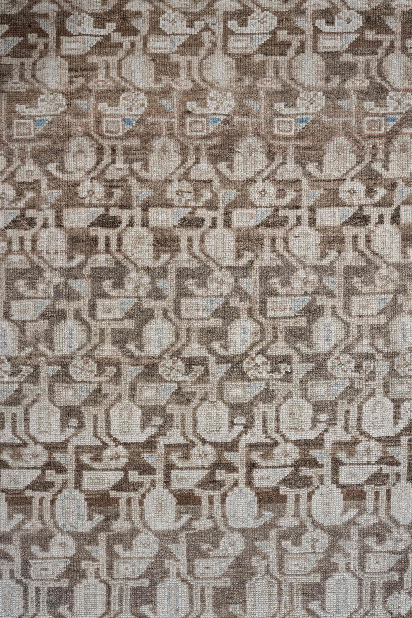 4' x 12' one-of-a-kind handmade antique Hamadan runner rug. Color palette: taupe, ivory, camel, terra cotta, beige, sage