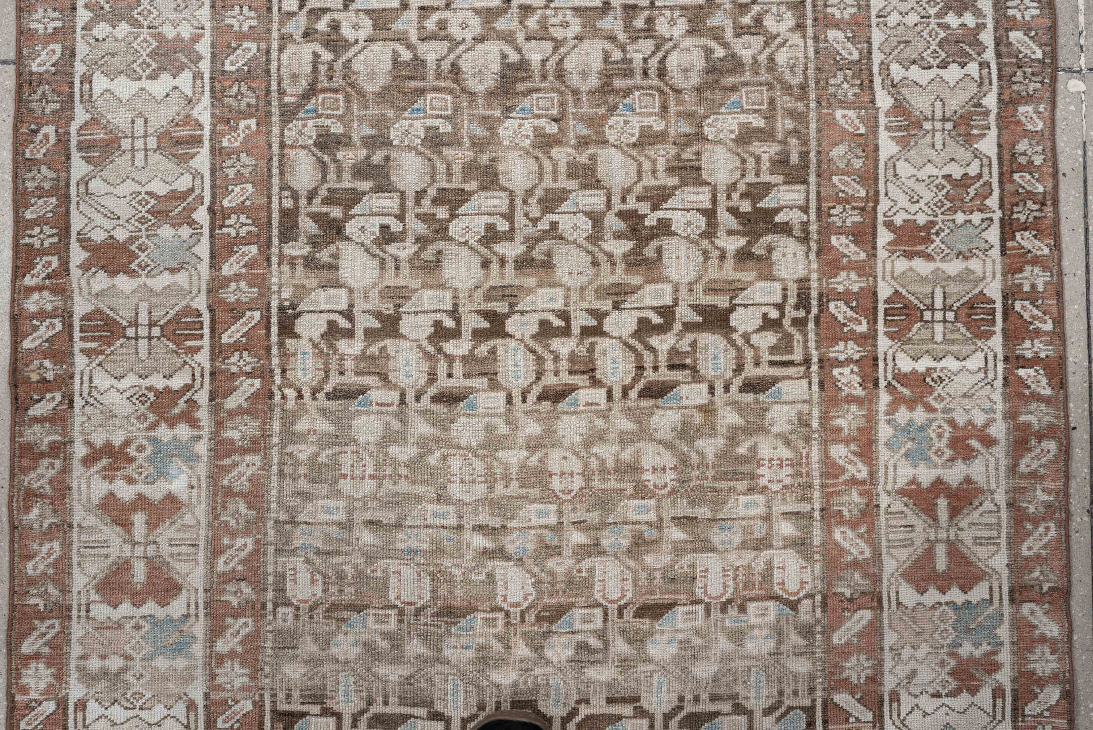 4' x 12' one-of-a-kind handmade antique Hamadan runner rug. Color palette: taupe, ivory, camel, terra cotta, beige, sage
