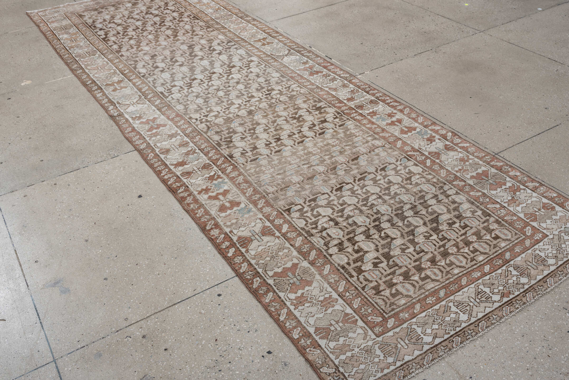 4' x 12' one-of-a-kind handmade antique Hamadan runner rug. Color palette: taupe, ivory, camel, terra cotta, beige, sage