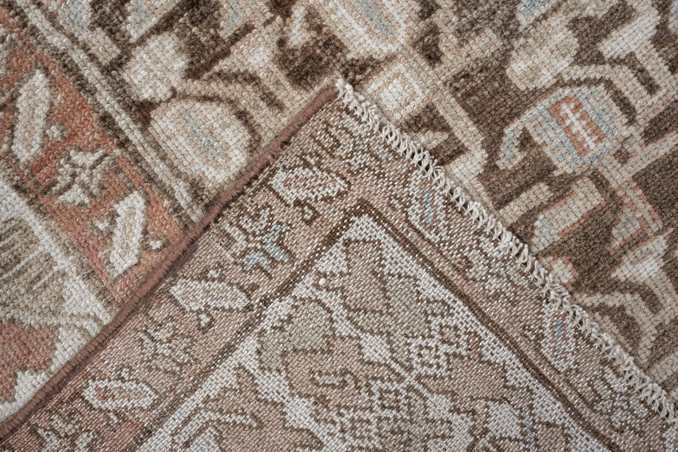 4' x 12' one-of-a-kind handmade antique Hamadan runner rug. Color palette: taupe, ivory, camel, terra cotta, beige, sage