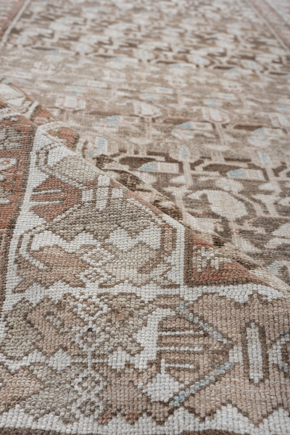 4' x 12' one-of-a-kind handmade antique Hamadan runner rug. Color palette: taupe, ivory, camel, terra cotta, beige, sage