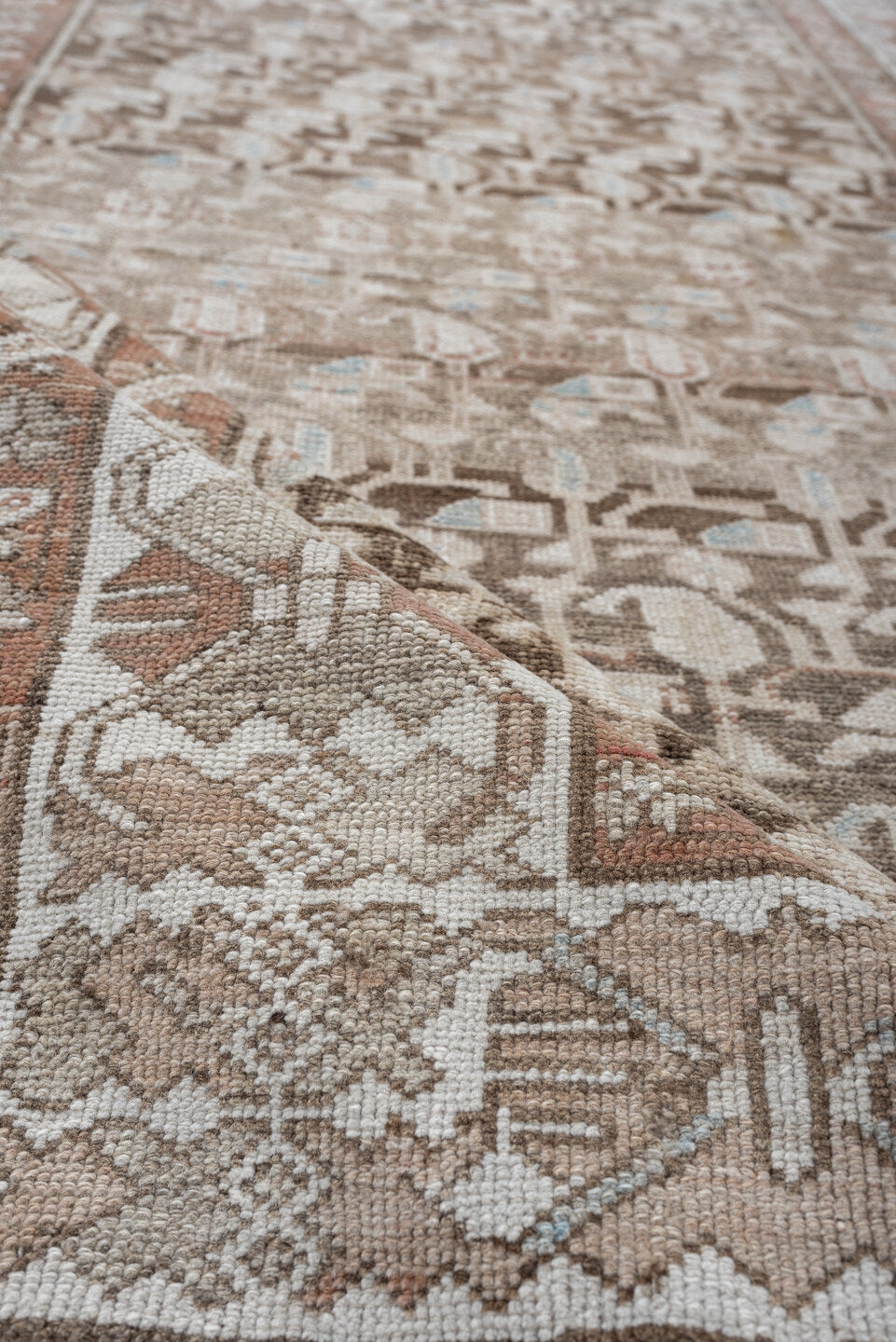 4' x 12' one-of-a-kind handmade antique Hamadan runner rug. Color palette: taupe, ivory, camel, terra cotta, beige, sage