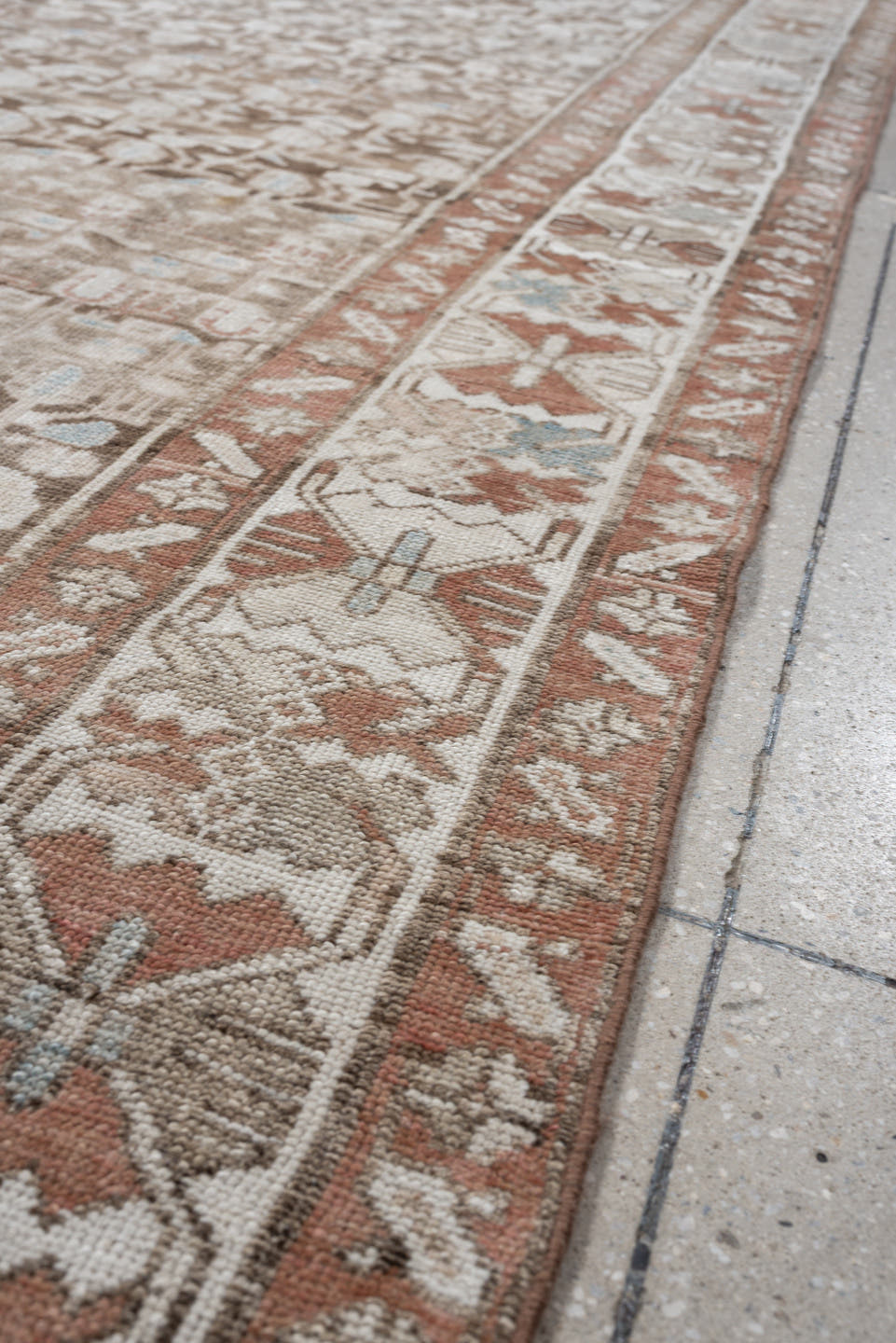 4' x 12' one-of-a-kind handmade antique Hamadan runner rug. Color palette: taupe, ivory, camel, terra cotta, beige, sage