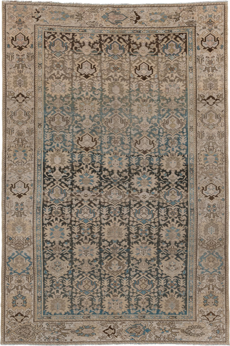 6' x 9' one-of-a-kind handmade antique Malayer large size rug. Color palette: taupe, ivory, charcoal, sky blue, beige, brown