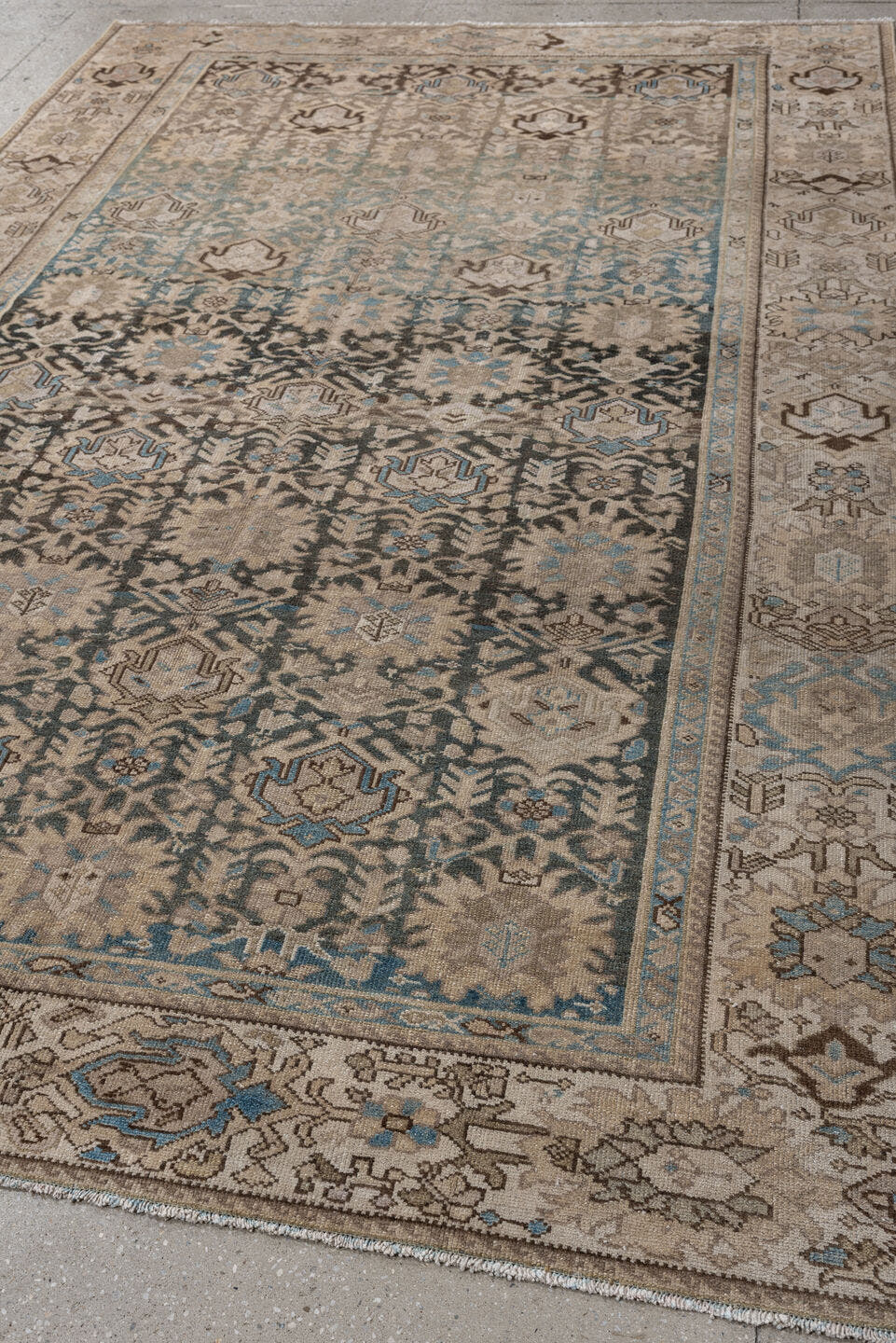 6' x 9' one-of-a-kind handmade antique Malayer large size rug. Color palette: taupe, ivory, charcoal, sky blue, beige, brown