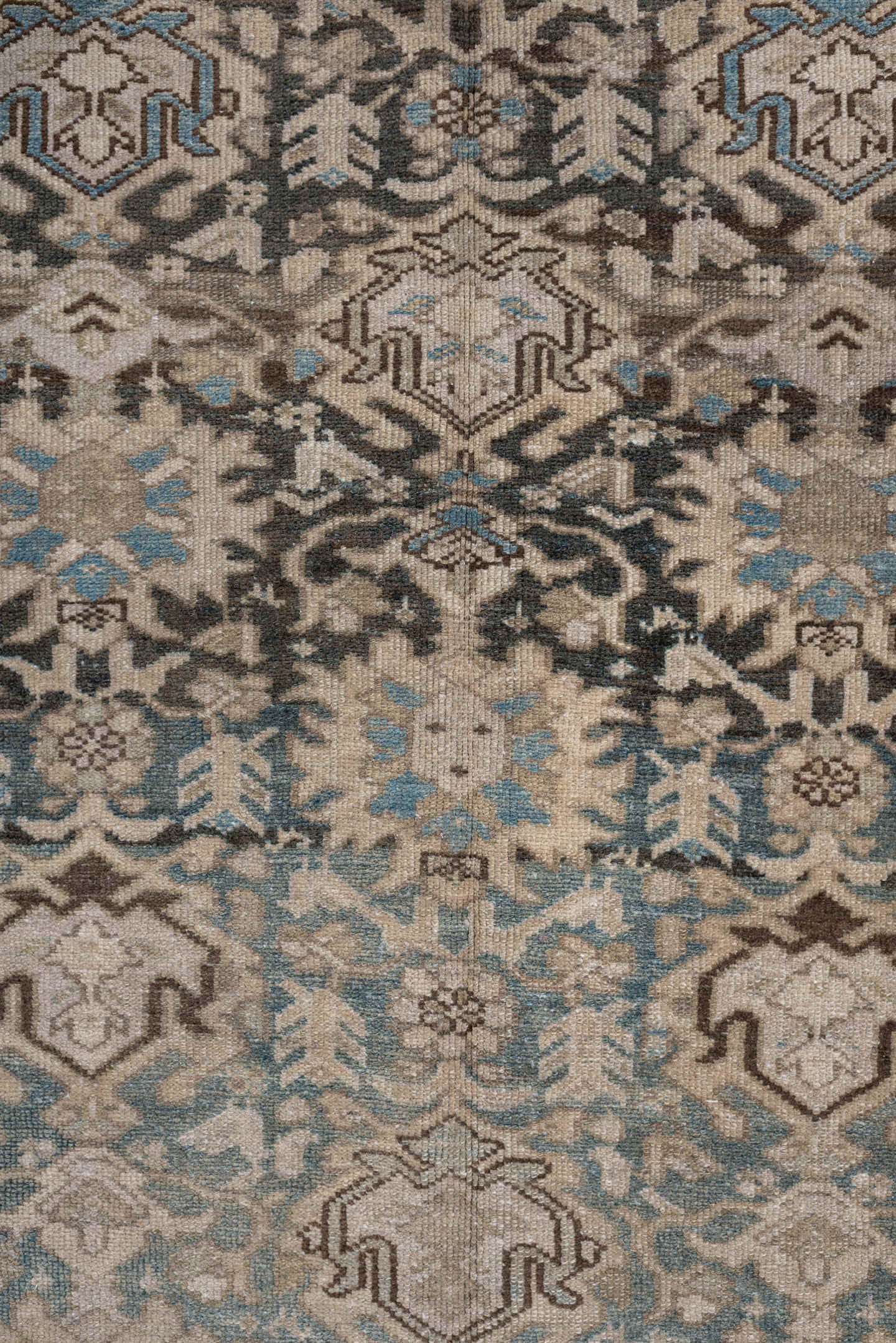 6' x 9' one-of-a-kind handmade antique Malayer large size rug. Color palette: taupe, ivory, charcoal, sky blue, beige, brown