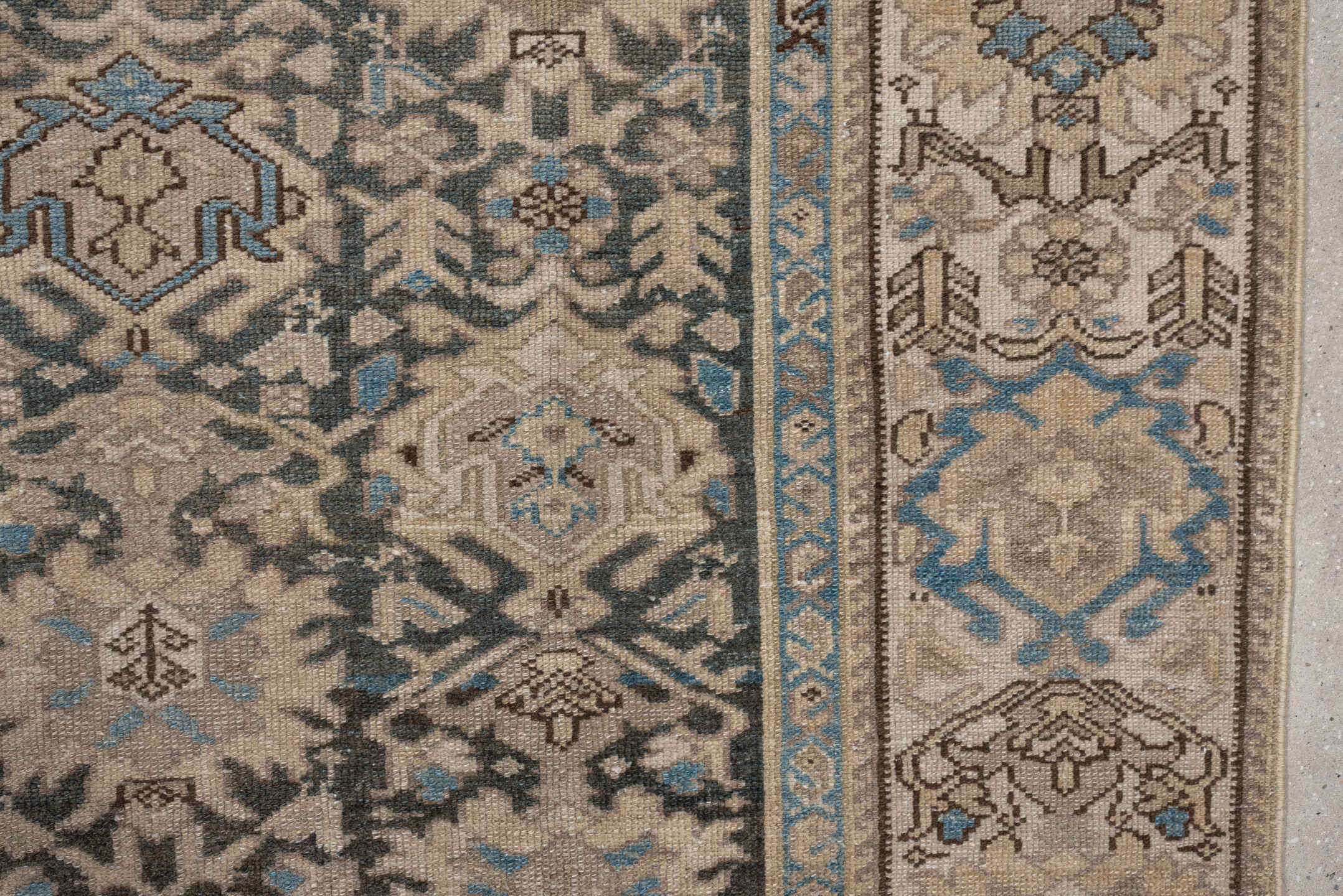6' x 9' one-of-a-kind handmade antique Malayer large size rug. Color palette: taupe, ivory, charcoal, sky blue, beige, brown