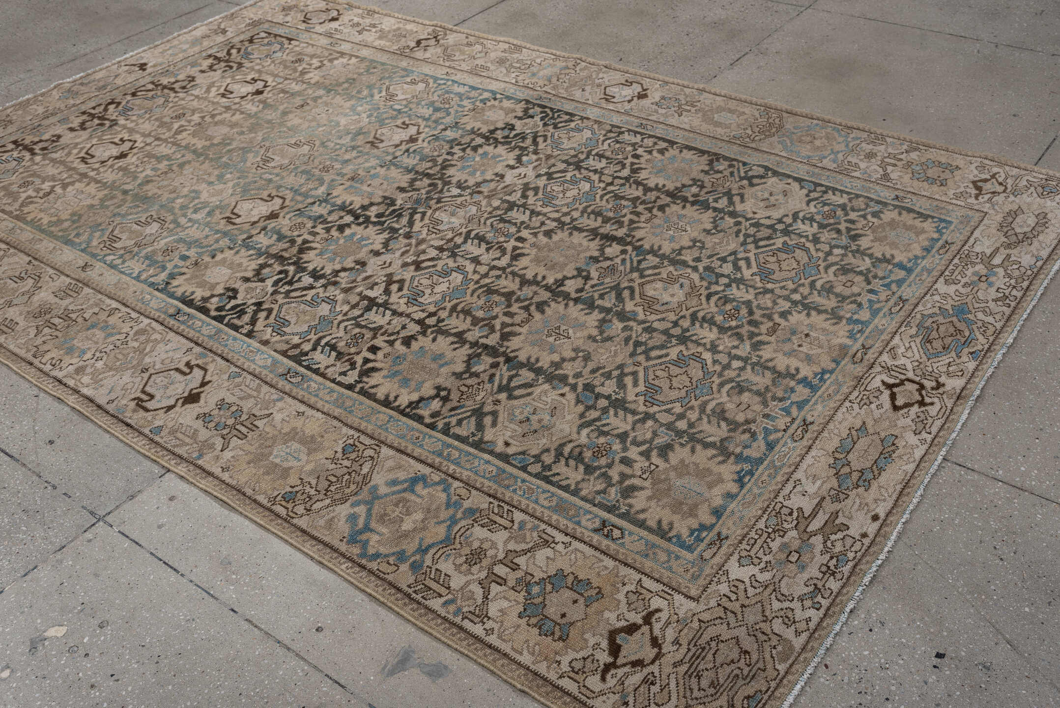 6' x 9' one-of-a-kind handmade antique Malayer large size rug. Color palette: taupe, ivory, charcoal, sky blue, beige, brown