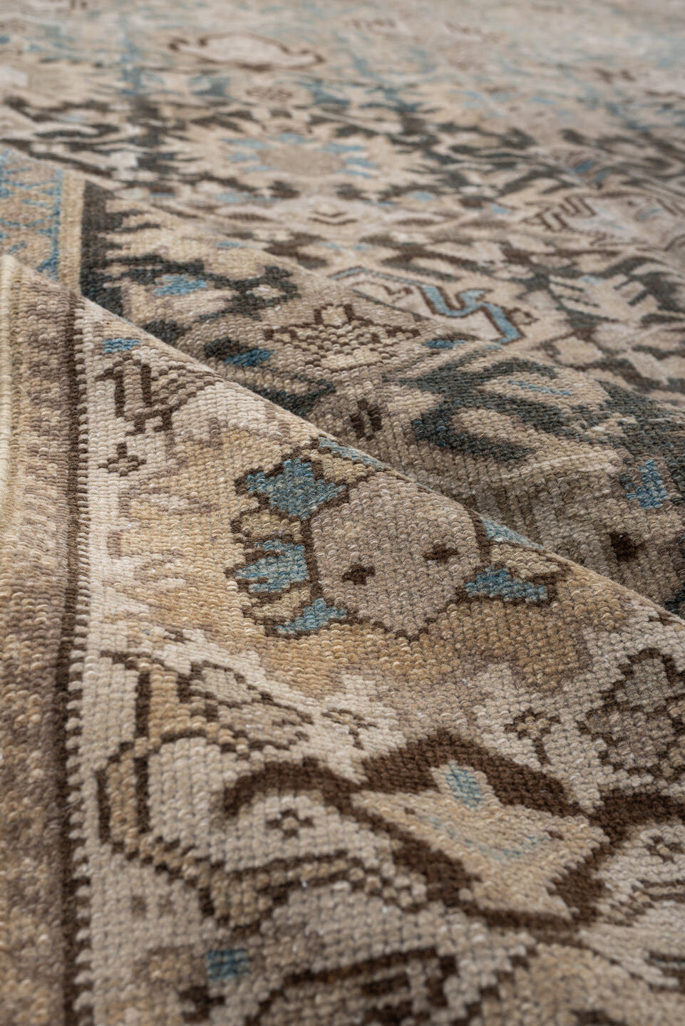 6' x 9' one-of-a-kind handmade antique Malayer large size rug. Color palette: taupe, ivory, charcoal, sky blue, beige, brown