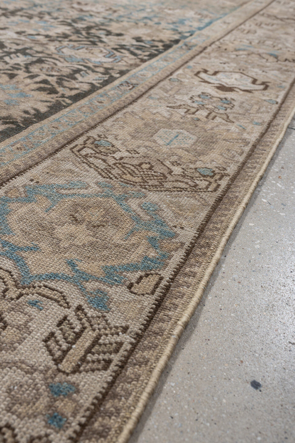 6' x 9' one-of-a-kind handmade antique Malayer large size rug. Color palette: taupe, ivory, charcoal, sky blue, beige, brown