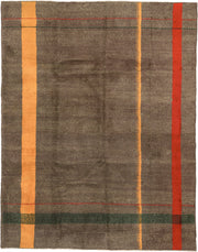 7' x 8' one-of-a-kind handmade antique Zeki Muran rug. Color palette: taupe, brown, camel, rust, red, forest_green, beige