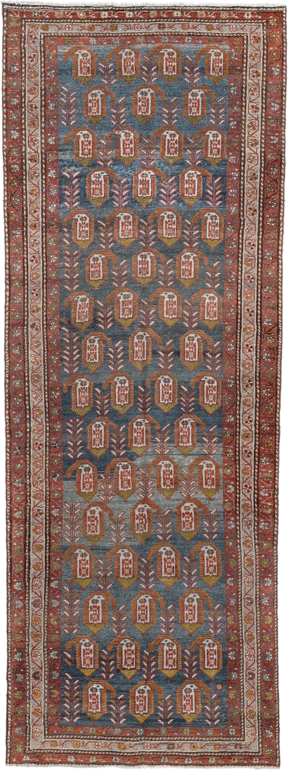 3' x 8' one-of-a-kind handmade antique Malayer runner rug. Color palette: blue, rust, ivory, rose, olive, terra cotta, brown