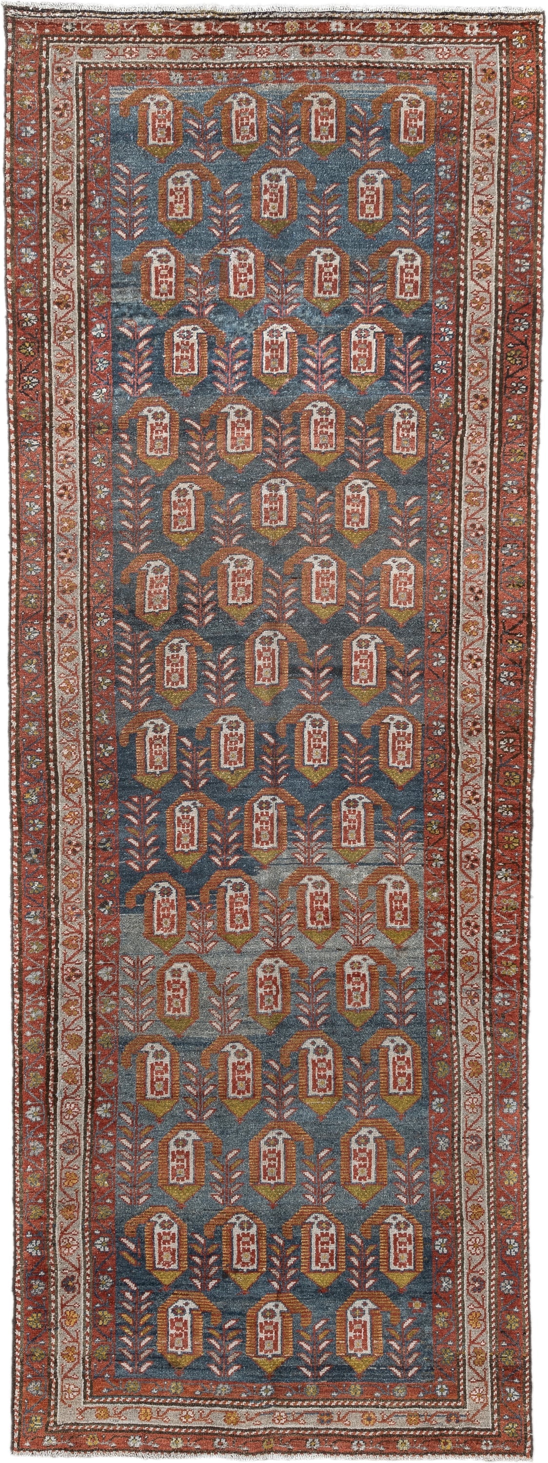 3' x 8' one-of-a-kind handmade antique Malayer runner rug. Color palette: blue, rust, ivory, rose, olive, terra cotta, brown