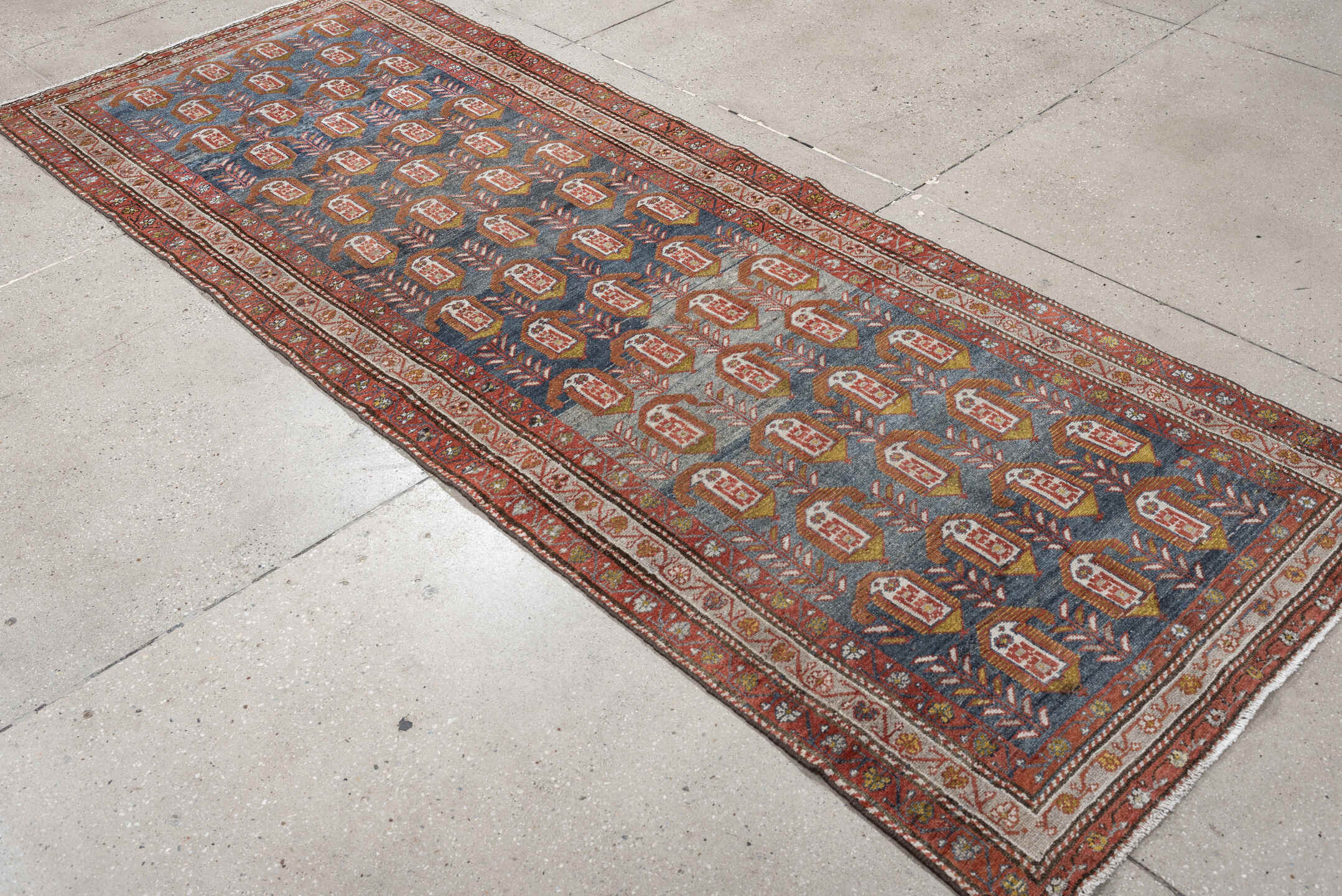 3' x 8' one-of-a-kind handmade antique Malayer runner rug. Color palette: blue, rust, ivory, rose, olive, terra cotta, brown