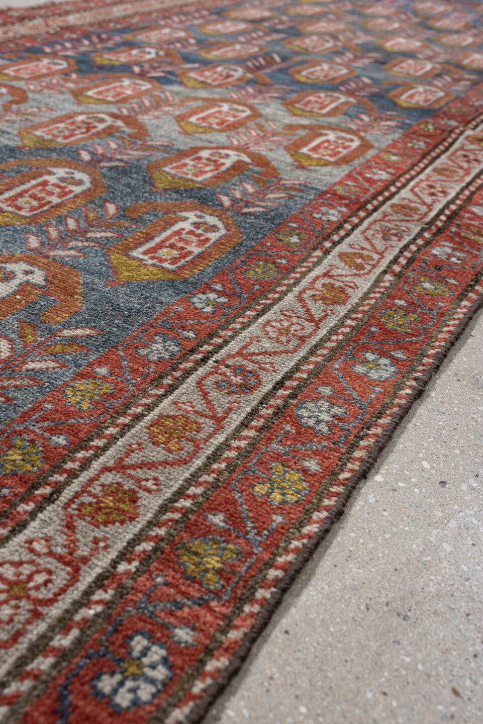 3' x 8' one-of-a-kind handmade antique Malayer runner rug. Color palette: blue, rust, ivory, rose, olive, terra cotta, brown