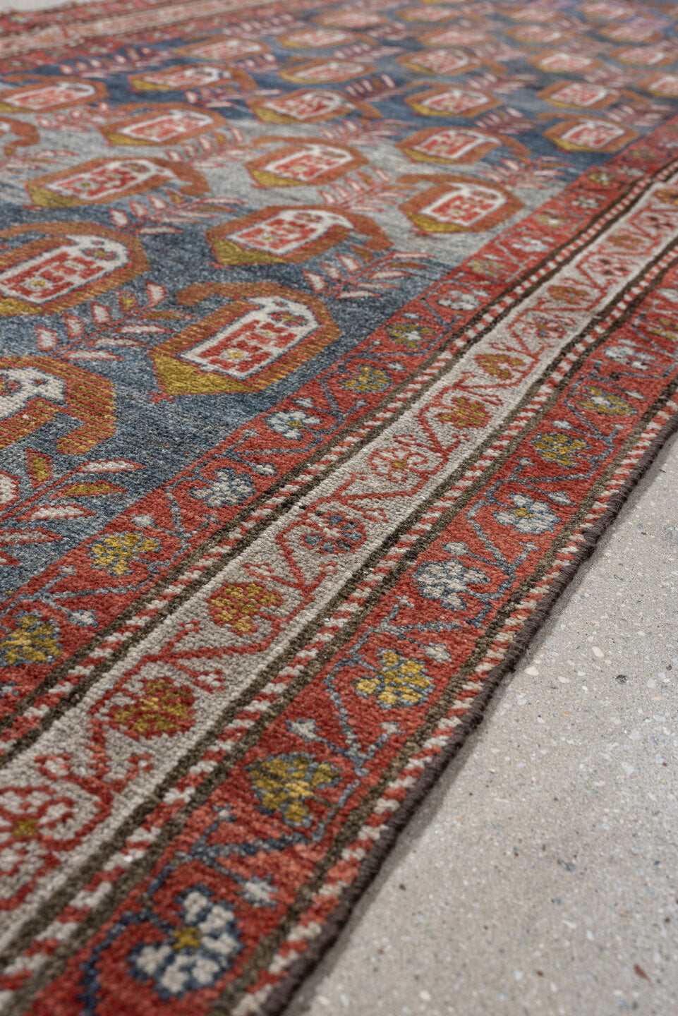 3' x 8' one-of-a-kind handmade antique Malayer runner rug. Color palette: blue, rust, ivory, rose, olive, terra cotta, brown