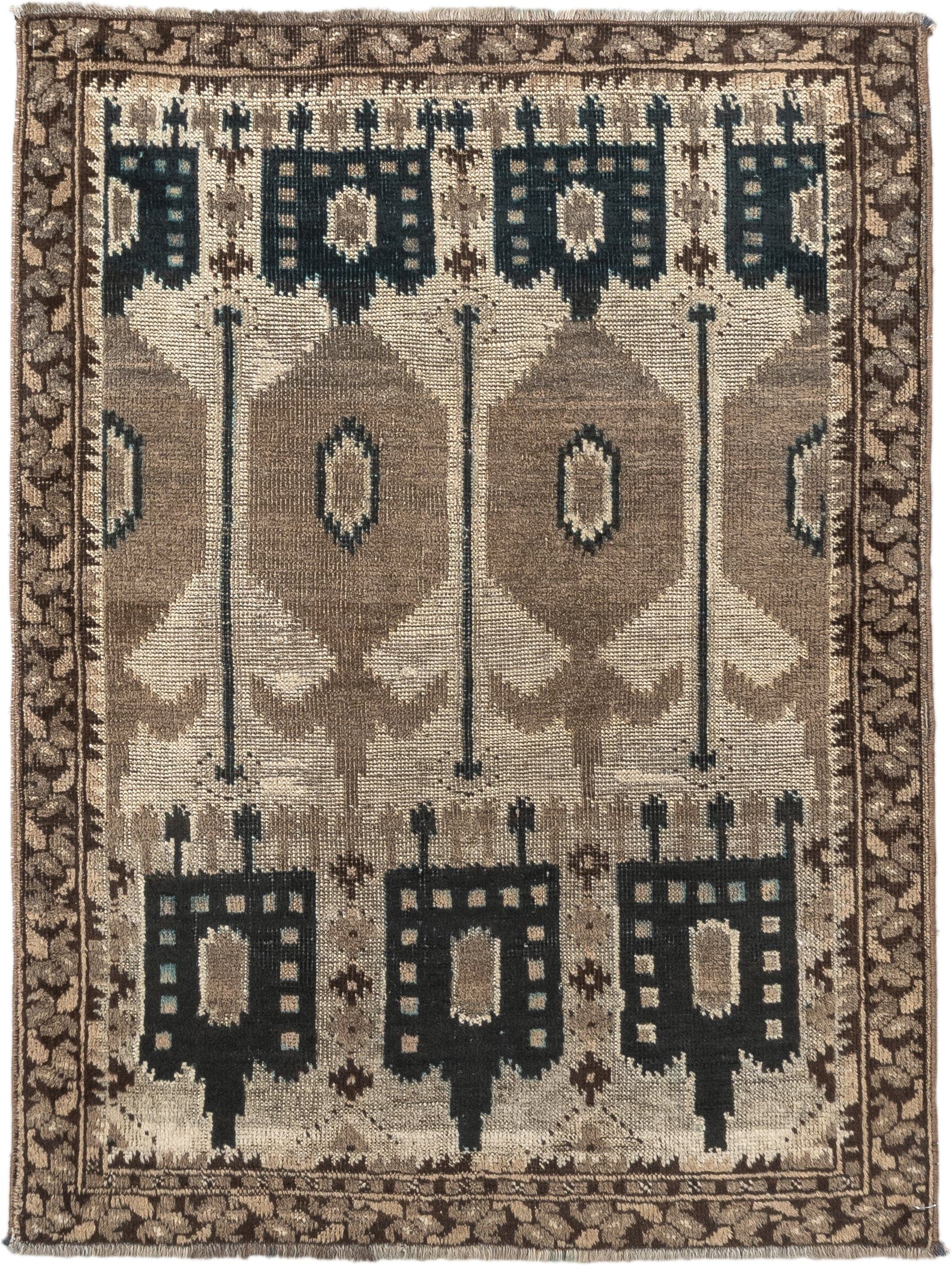 2' x 3' one-of-a-kind handmade antique Belouch small size rug. Color palette: camel, ivory, brown, indigo, taupe, beige