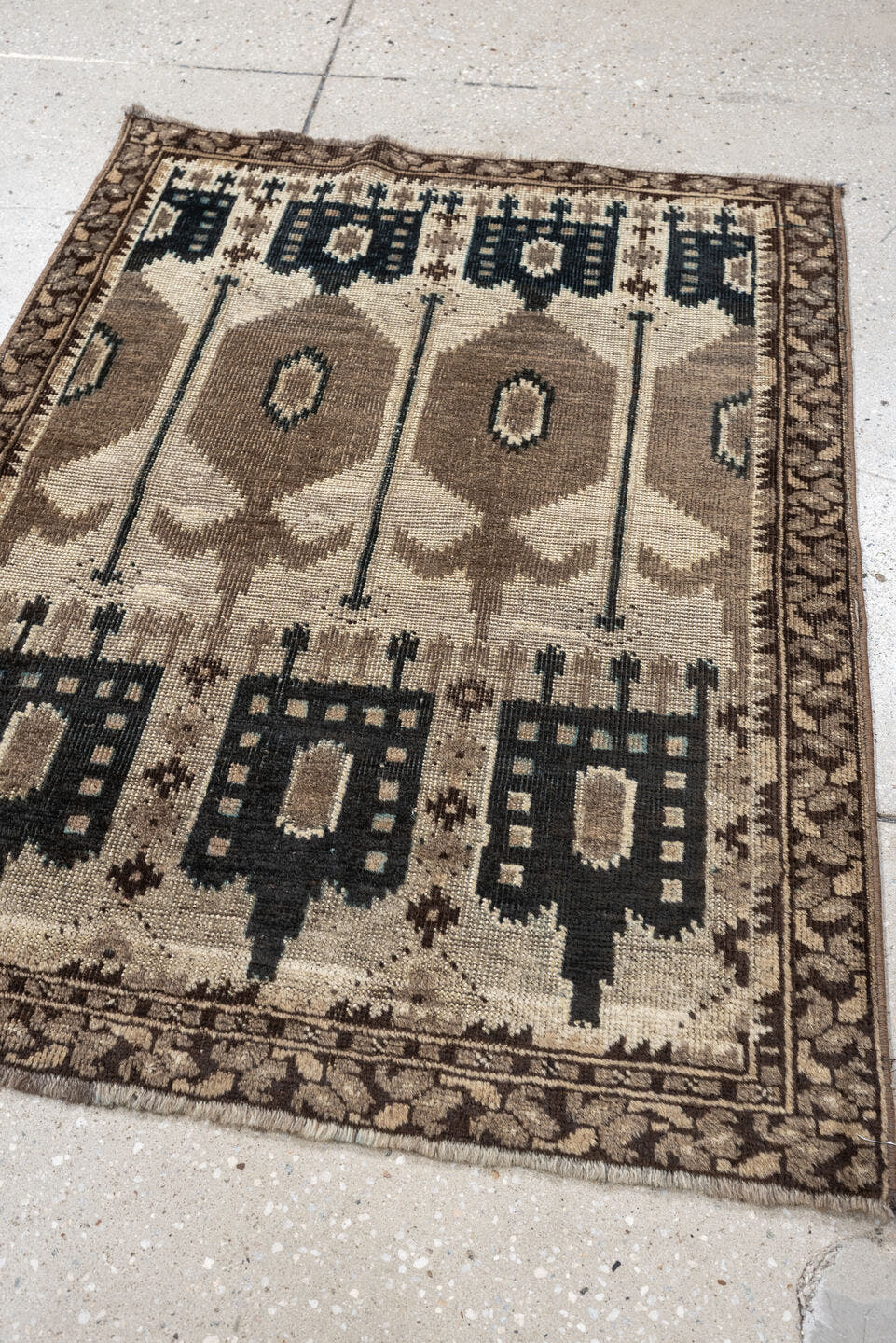 2' x 3' one-of-a-kind handmade antique Belouch small size rug. Color palette: camel, ivory, brown, indigo, taupe, beige