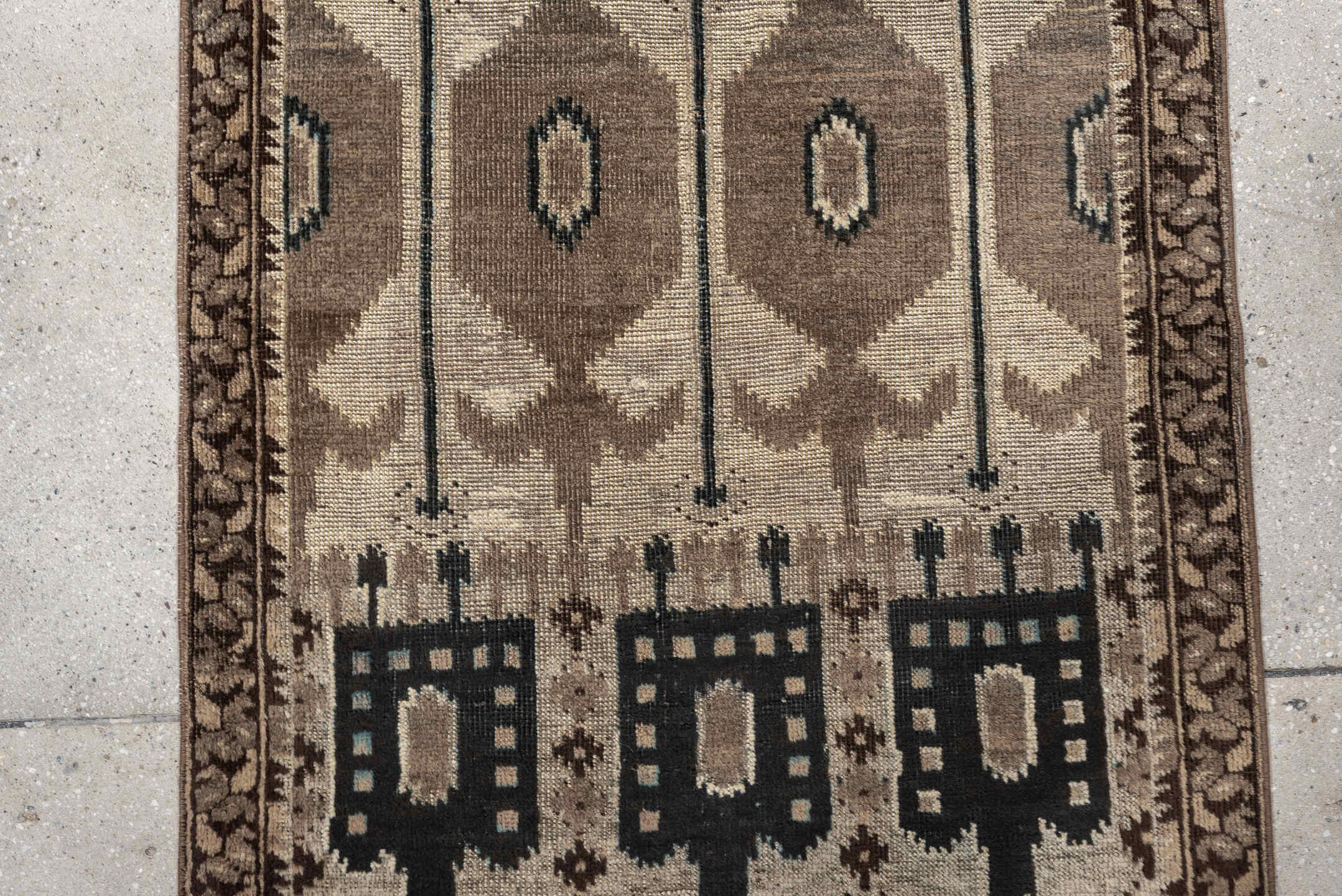 2' x 3' one-of-a-kind handmade antique Belouch small size rug. Color palette: camel, ivory, brown, indigo, taupe, beige