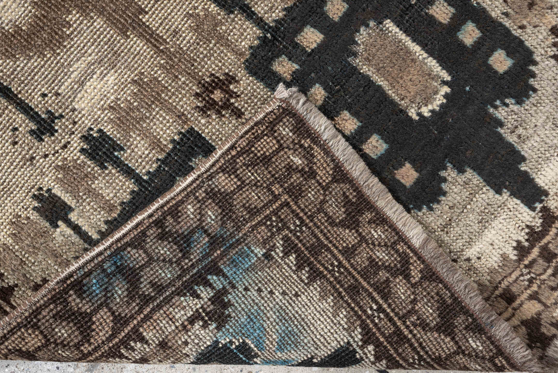 2' x 3' one-of-a-kind handmade antique Belouch small size rug. Color palette: camel, ivory, brown, indigo, taupe, beige