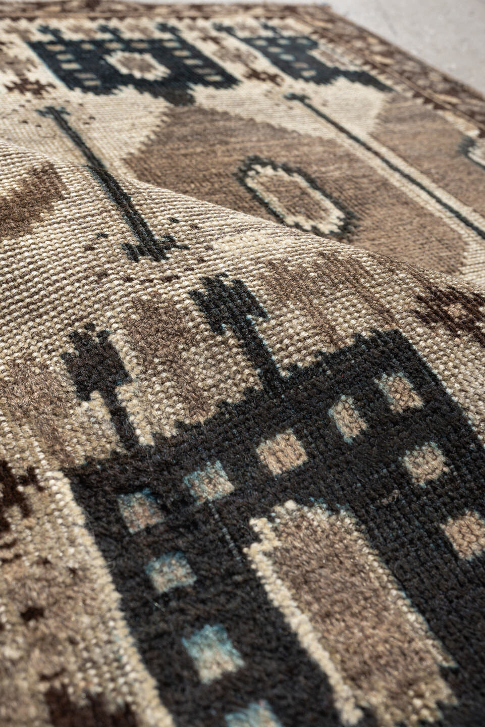 2' x 3' one-of-a-kind handmade antique Belouch small size rug. Color palette: camel, ivory, brown, indigo, taupe, beige
