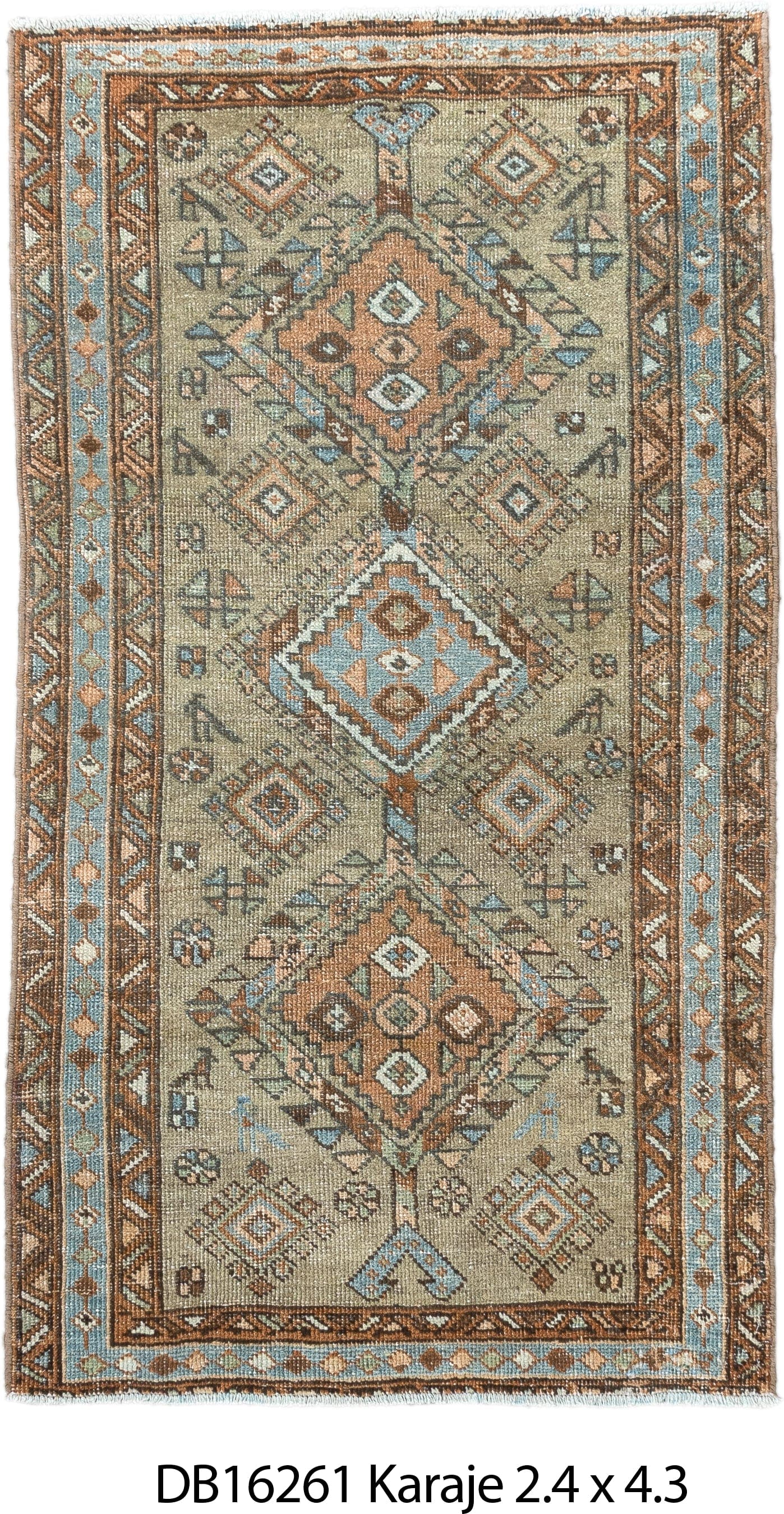 2' x 4' one-of-a-kind handmade antique Karaje small size rug. Color palette: ivory, sky_blue, brown, camel, taupe, slate