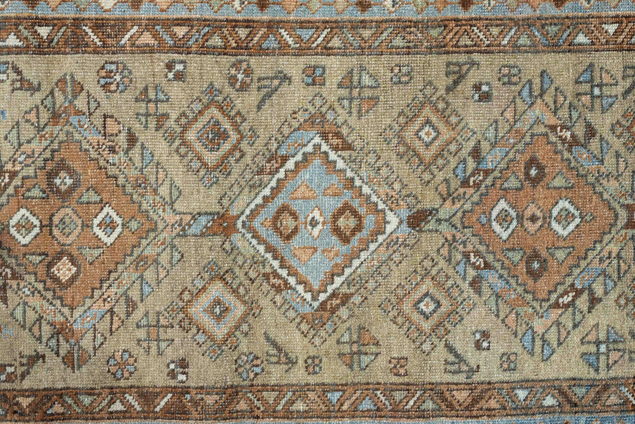 2' x 4' one-of-a-kind handmade antique Karaje small size rug. Color palette: ivory, sky_blue, brown, camel, taupe, slate