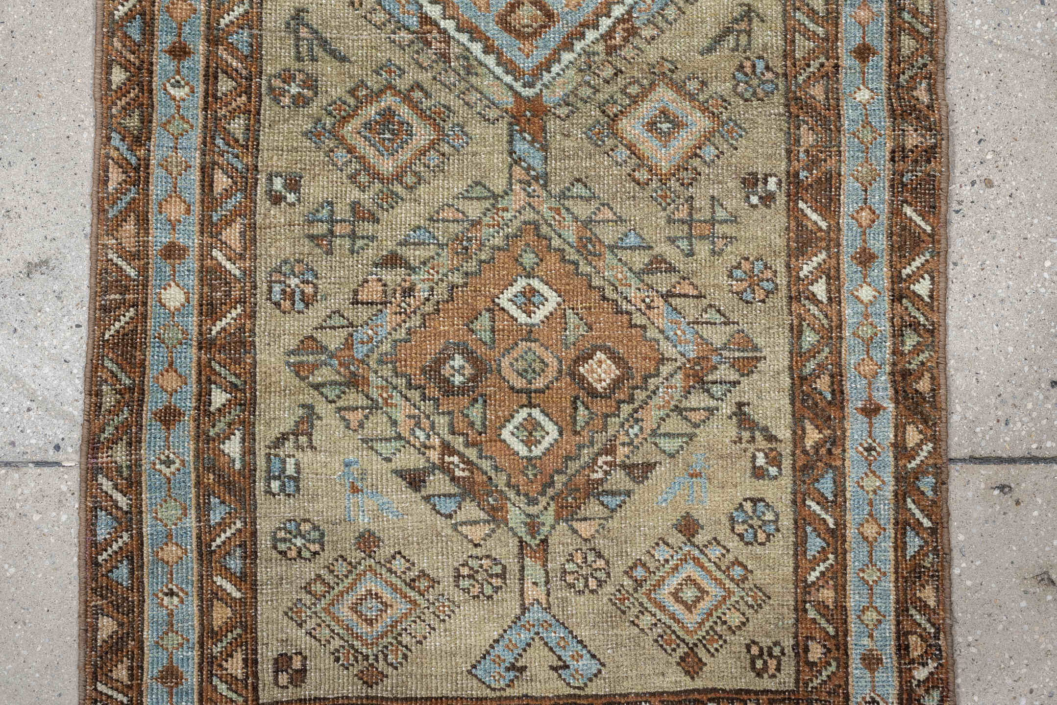 2' x 4' one-of-a-kind handmade antique Karaje small size rug. Color palette: ivory, sky_blue, brown, camel, taupe, slate