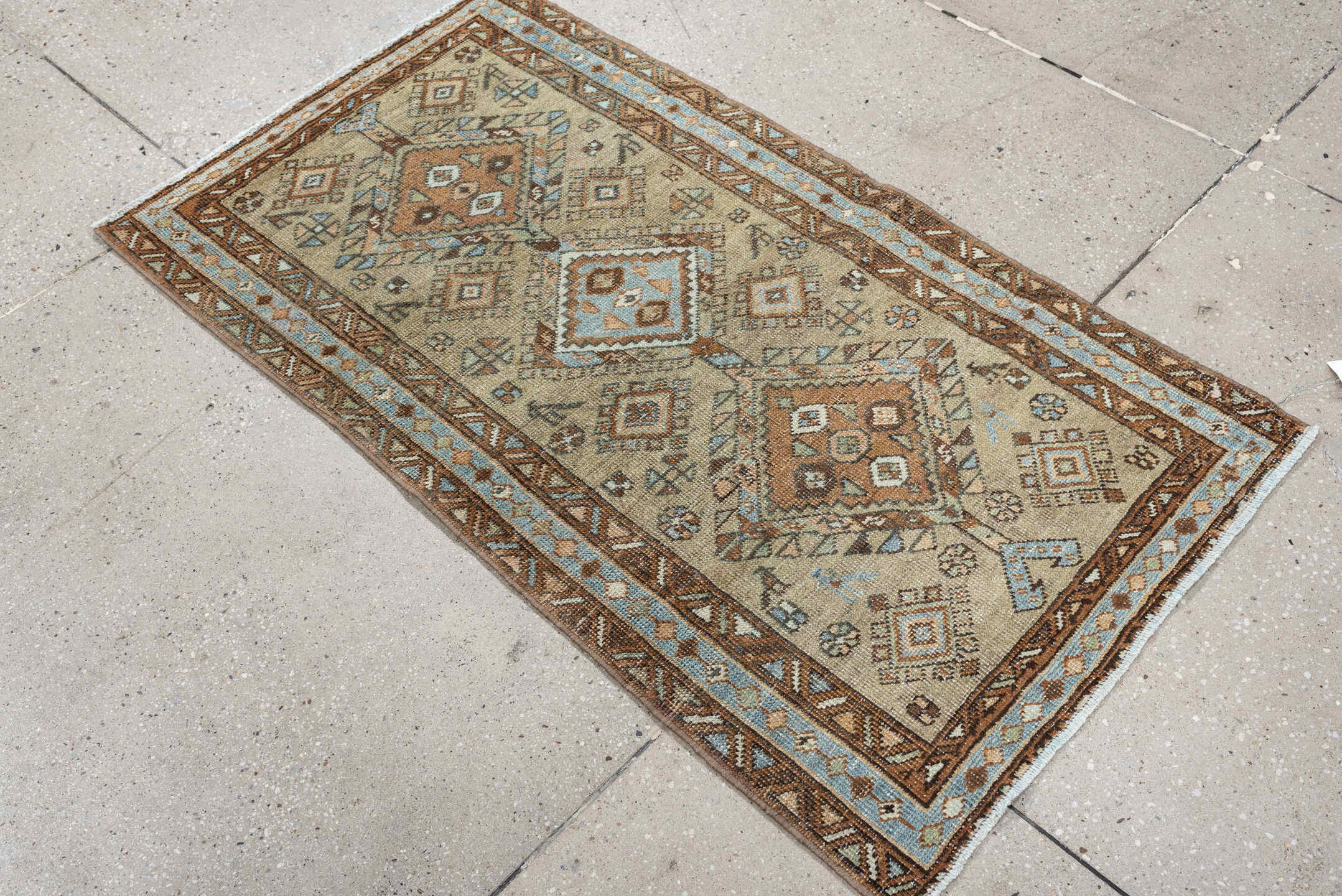 2' x 4' one-of-a-kind handmade antique Karaje small size rug. Color palette: ivory, sky_blue, brown, camel, taupe, slate