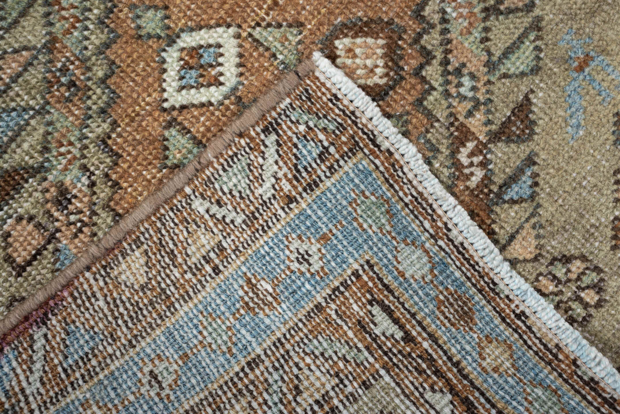 2' x 4' one-of-a-kind handmade antique Karaje small size rug. Color palette: ivory, sky_blue, brown, camel, taupe, slate