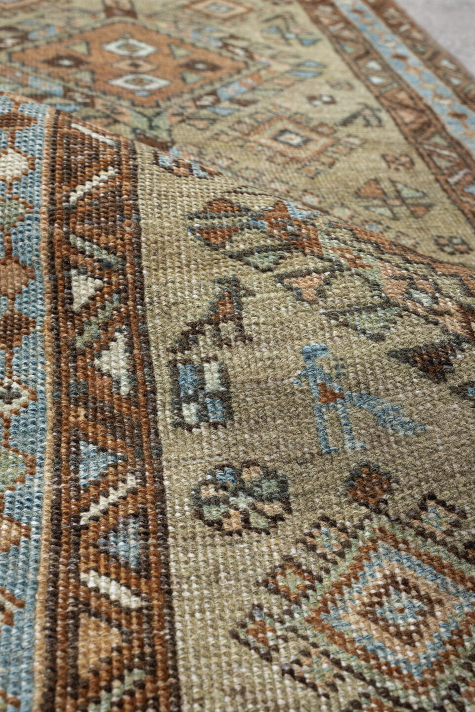 2' x 4' one-of-a-kind handmade antique Karaje small size rug. Color palette: ivory, sky_blue, brown, camel, taupe, slate