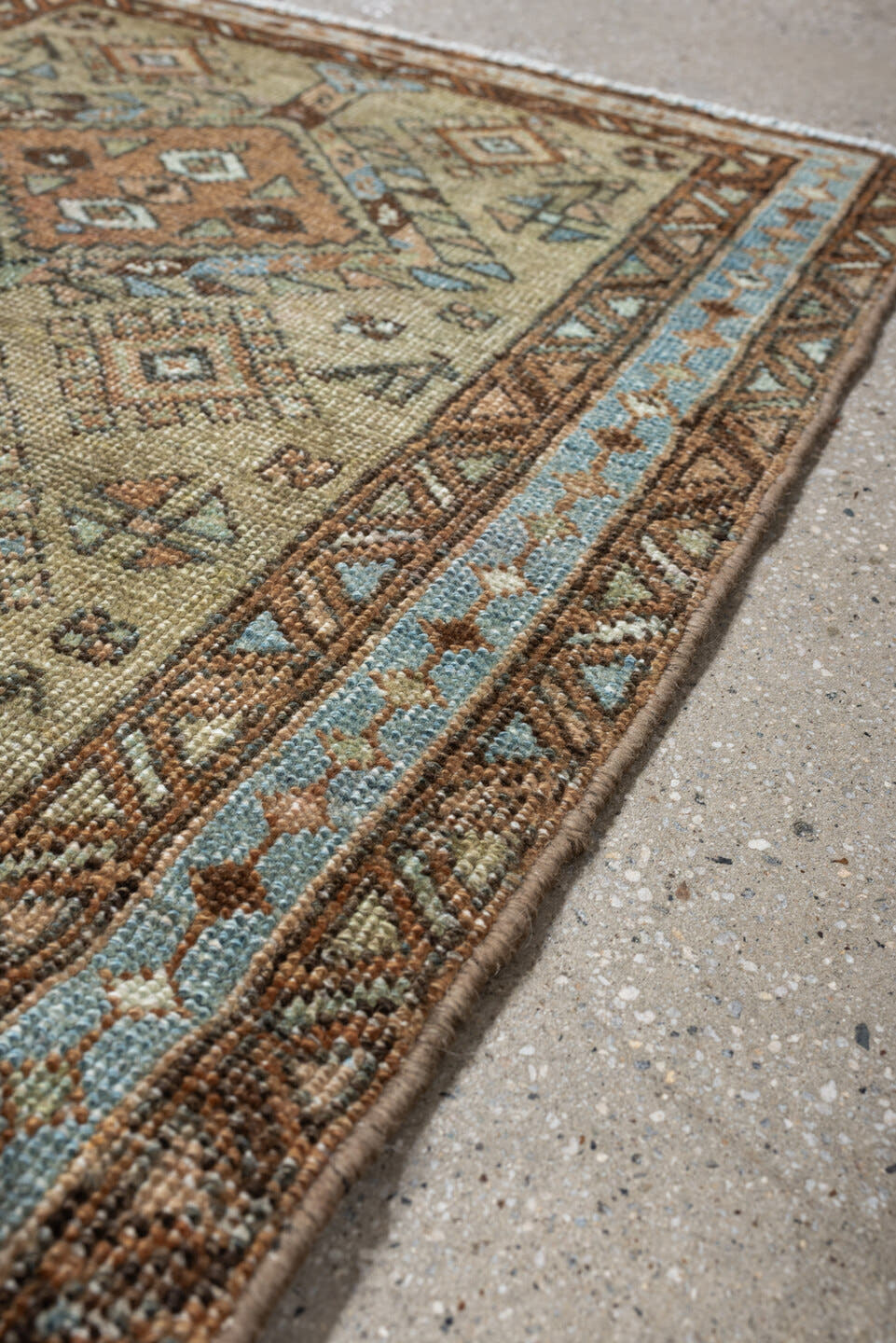 2' x 4' one-of-a-kind handmade antique Karaje small size rug. Color palette: ivory, sky_blue, brown, camel, taupe, slate