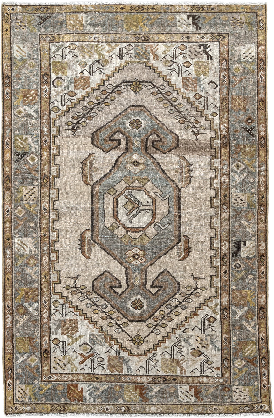 3' x 5' one-of-a-kind handmade antique Hamadan small size rug. Color palette: ivory, sky blue, taupe, camel, brown, gold