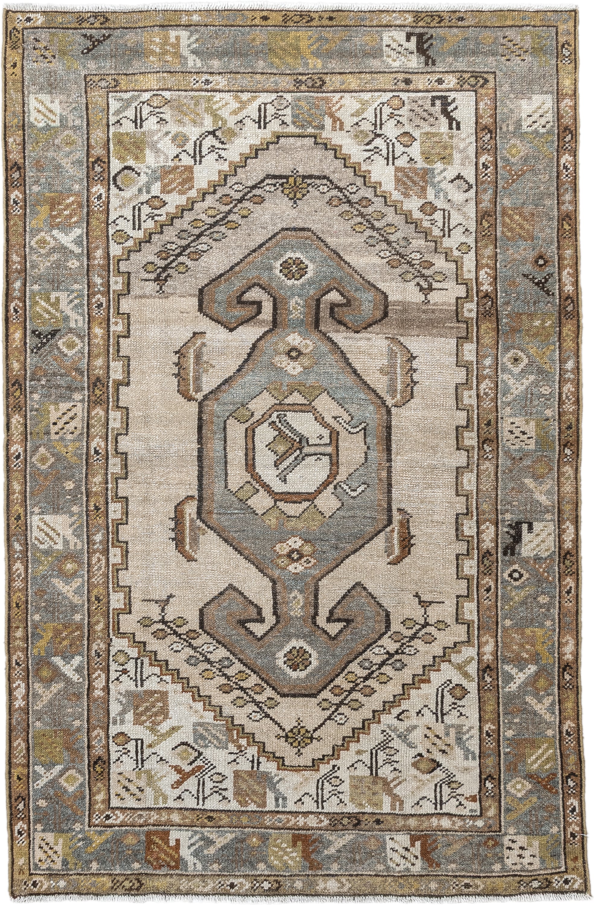 3' x 5' one-of-a-kind handmade antique Hamadan small size rug. Color palette: ivory, sky blue, taupe, camel, brown, gold