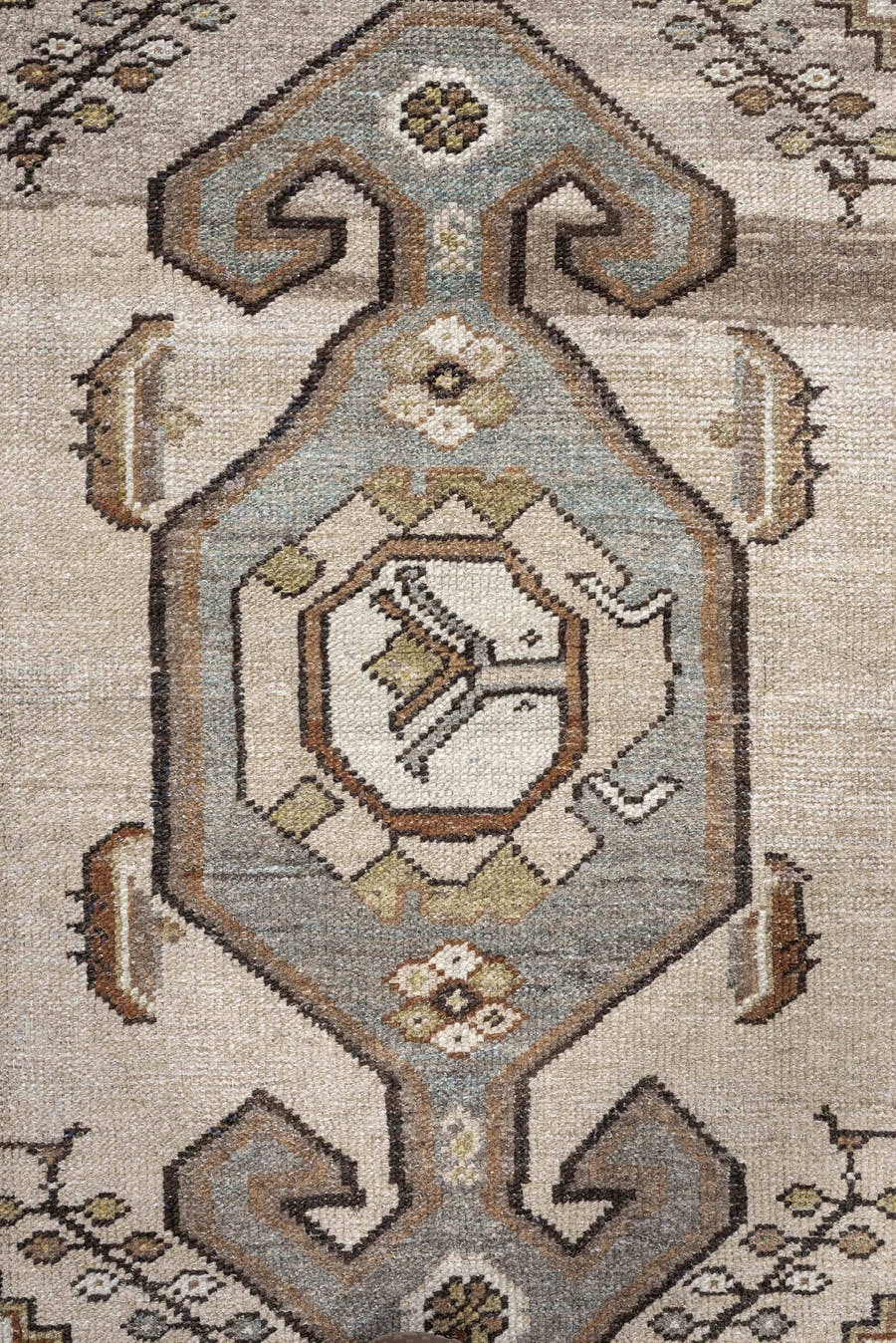 3' x 5' one-of-a-kind handmade antique Hamadan small size rug. Color palette: ivory, sky blue, taupe, camel, brown, gold