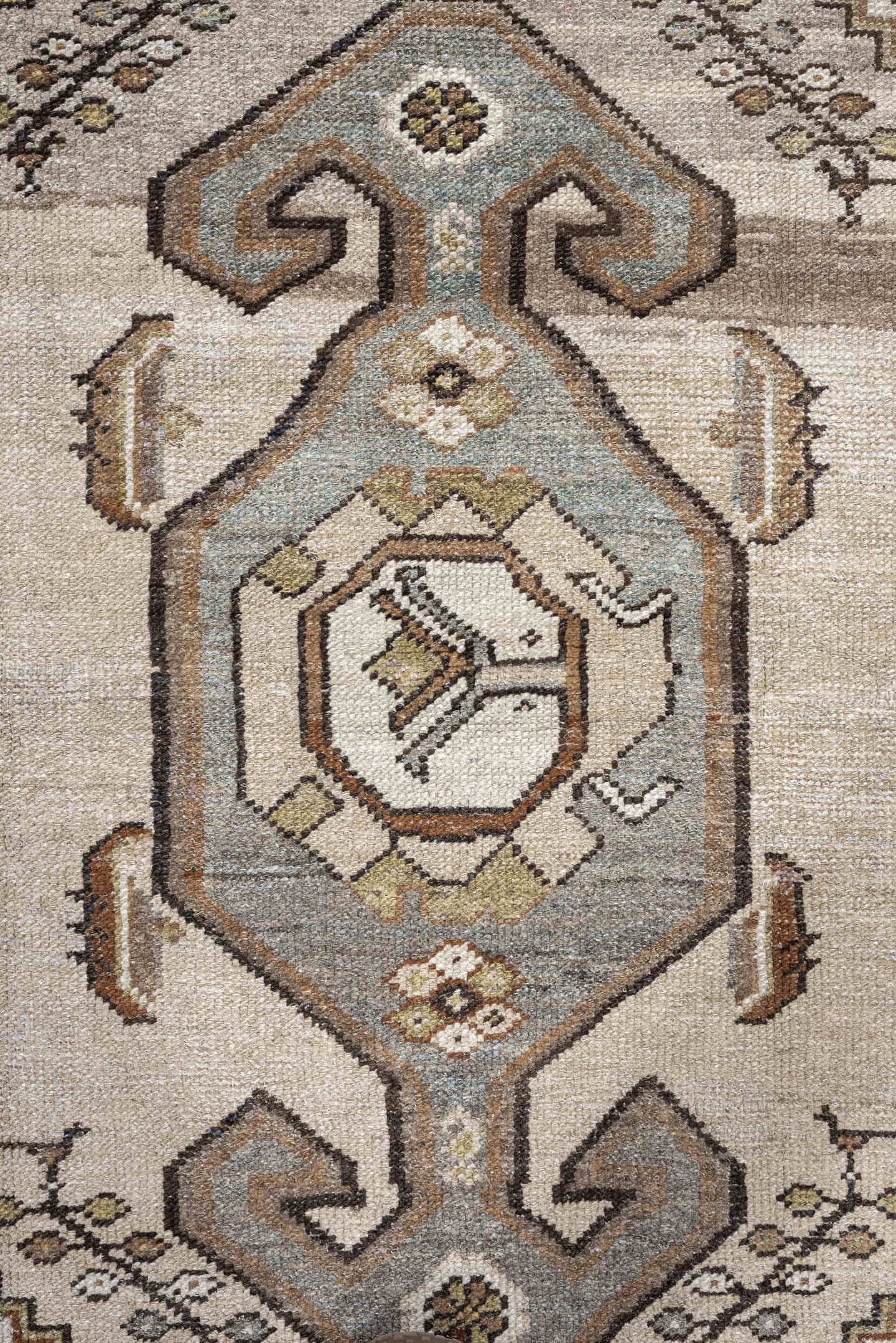 3' x 5' one-of-a-kind handmade antique Hamadan small size rug. Color palette: ivory, sky blue, taupe, camel, brown, gold