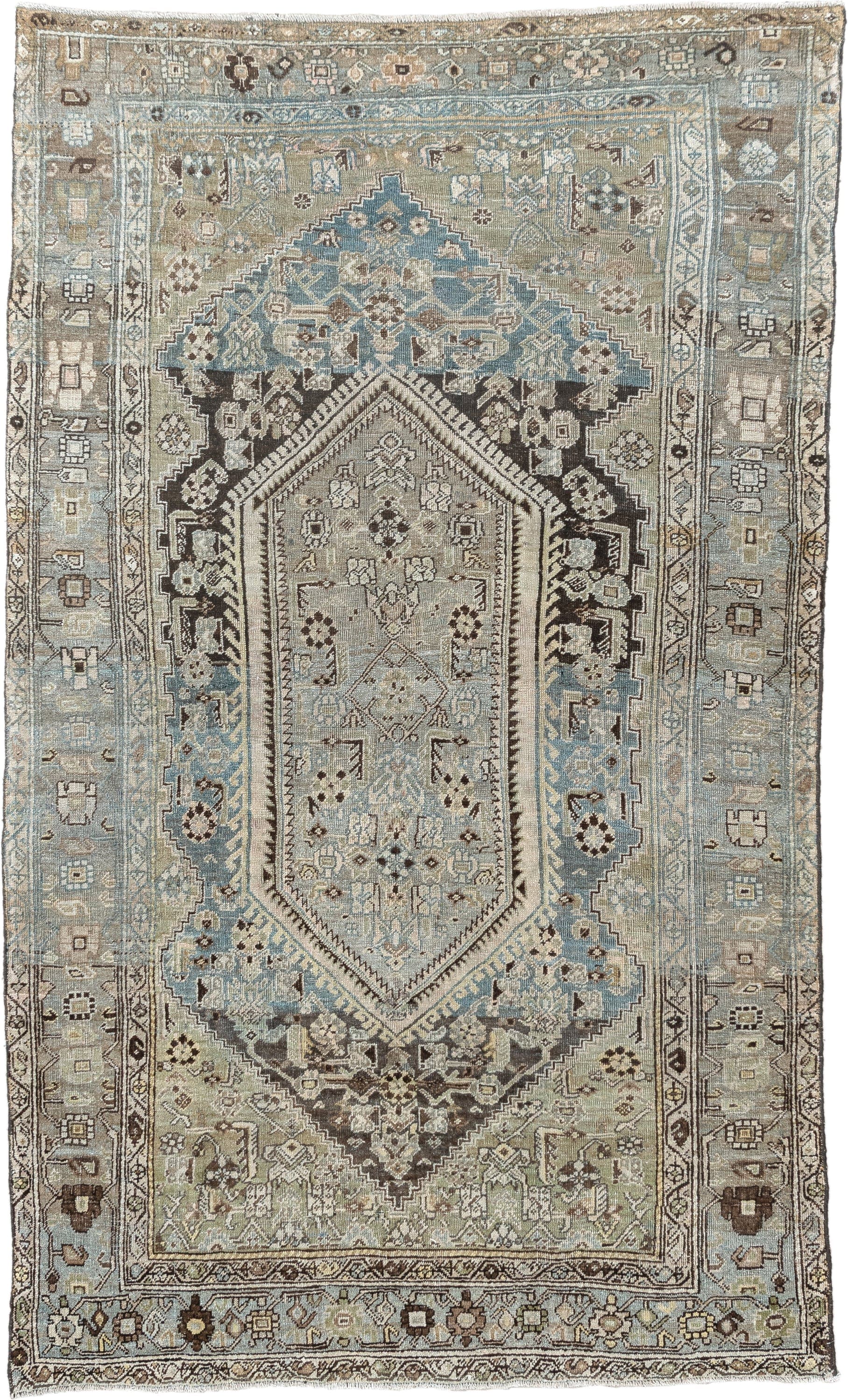 4' x 6' one-of-a-kind handmade antique Bidjar rug. Color palette: taupe, sky blue, ivory, charcoal, beige, brown, gray